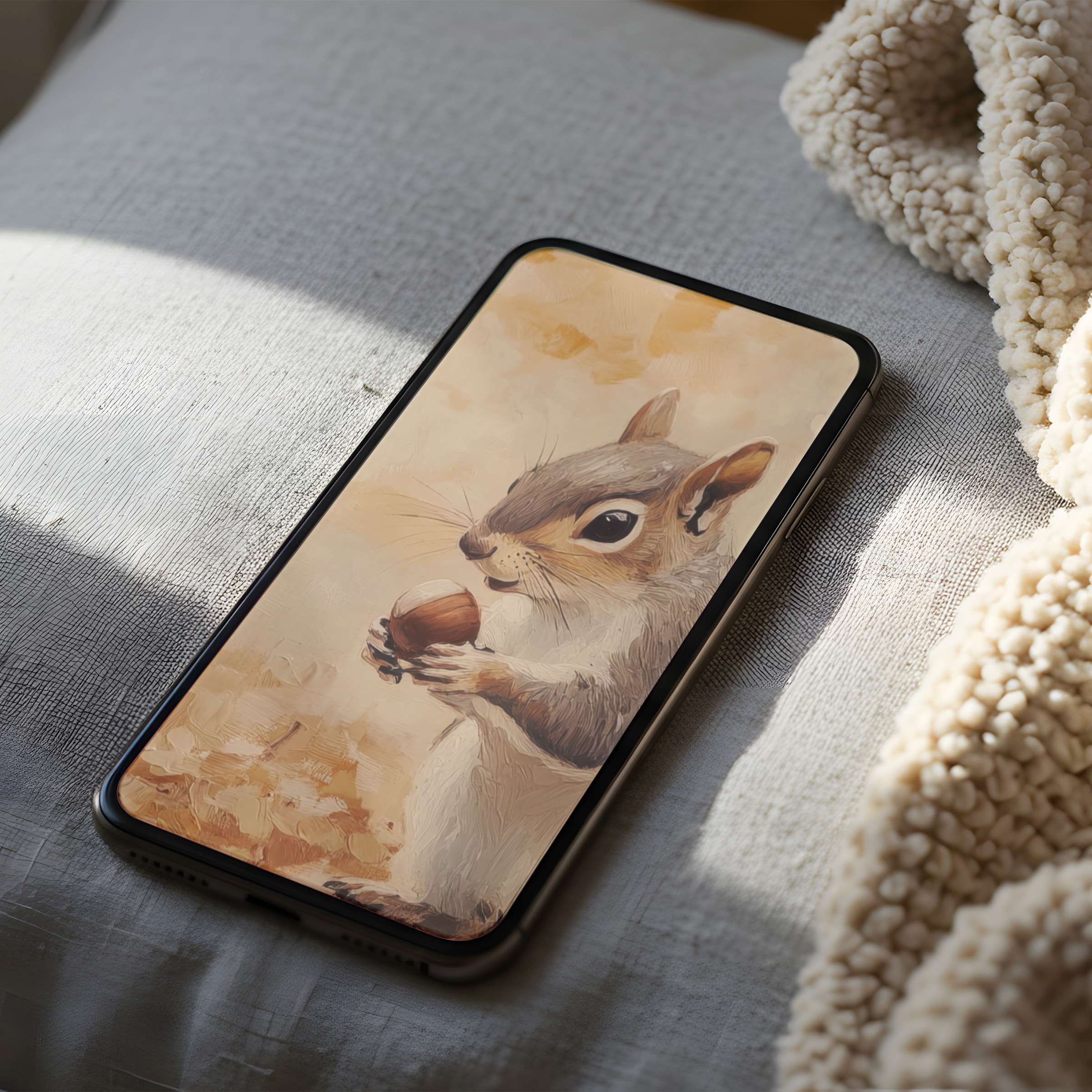 Cozy phone wallpaper featuring a charming squirrel with an acorn, perfect for iPhone and Android, offers a serene digital download