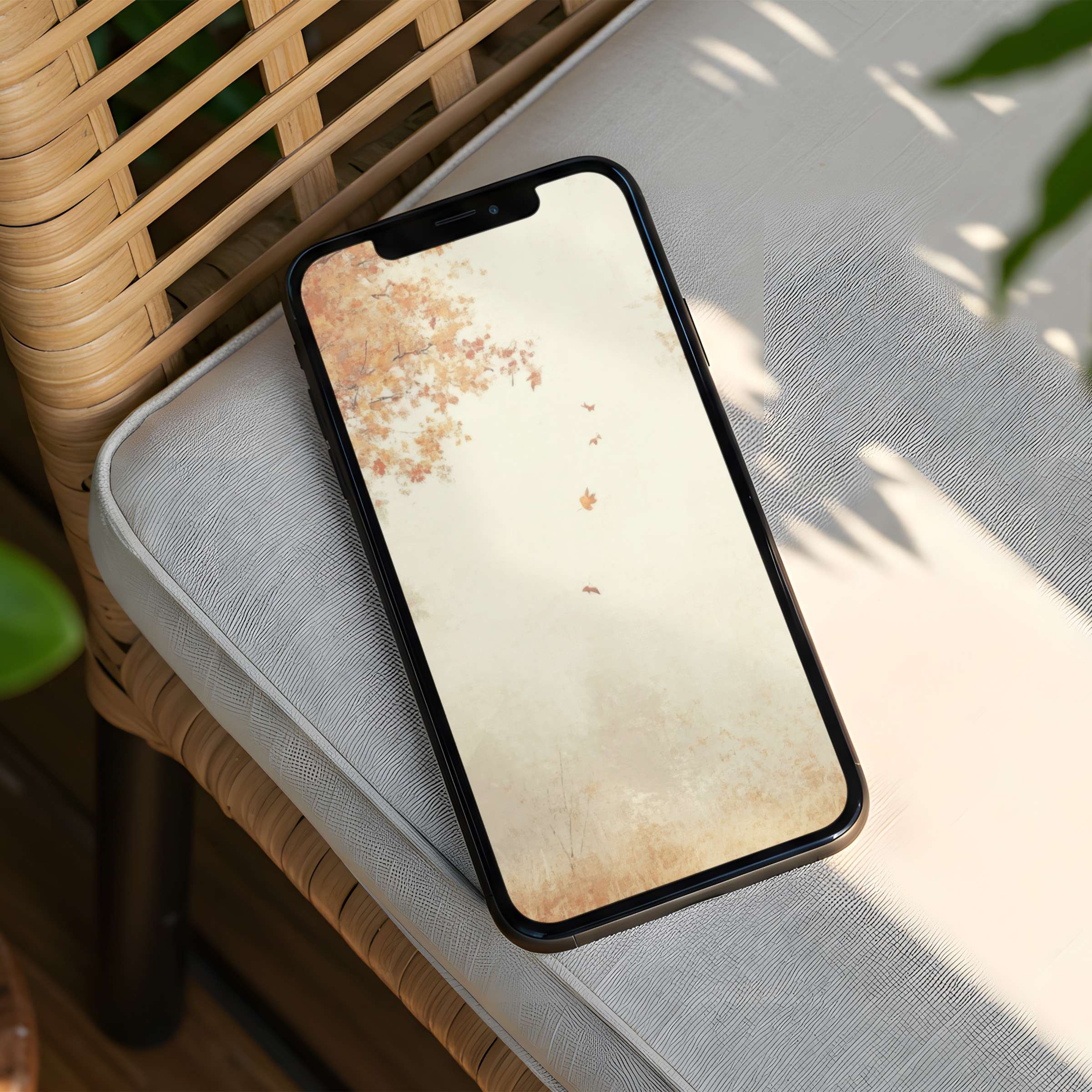 Elegant iPhone background featuring autumn leaves in soft sepia tones, offering instant download for mindful phone aesthetics
