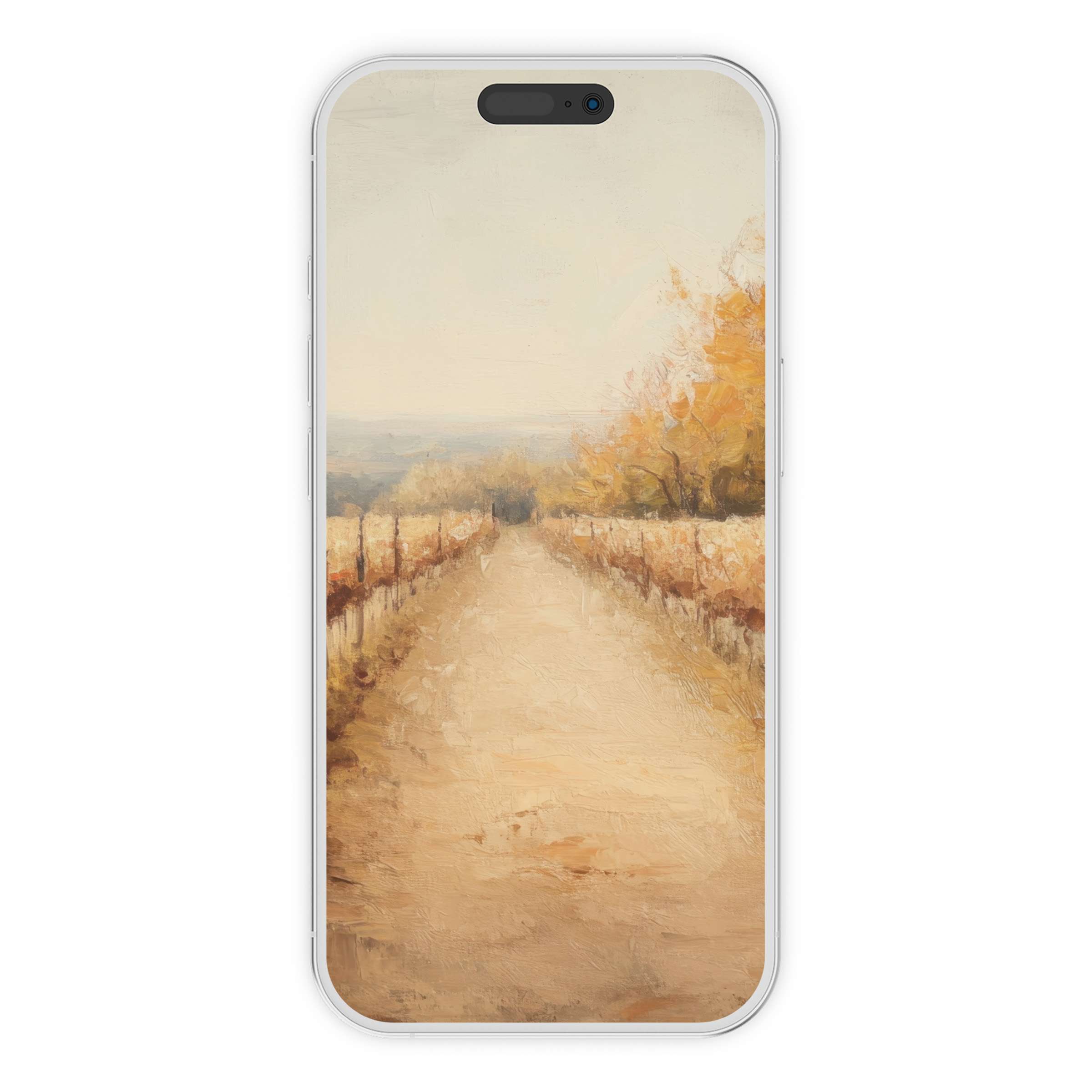 Warm and serene fall iPhone wallpaper featuring a textured path lined with autumn trees in soft hues for phone backgrounds digital download