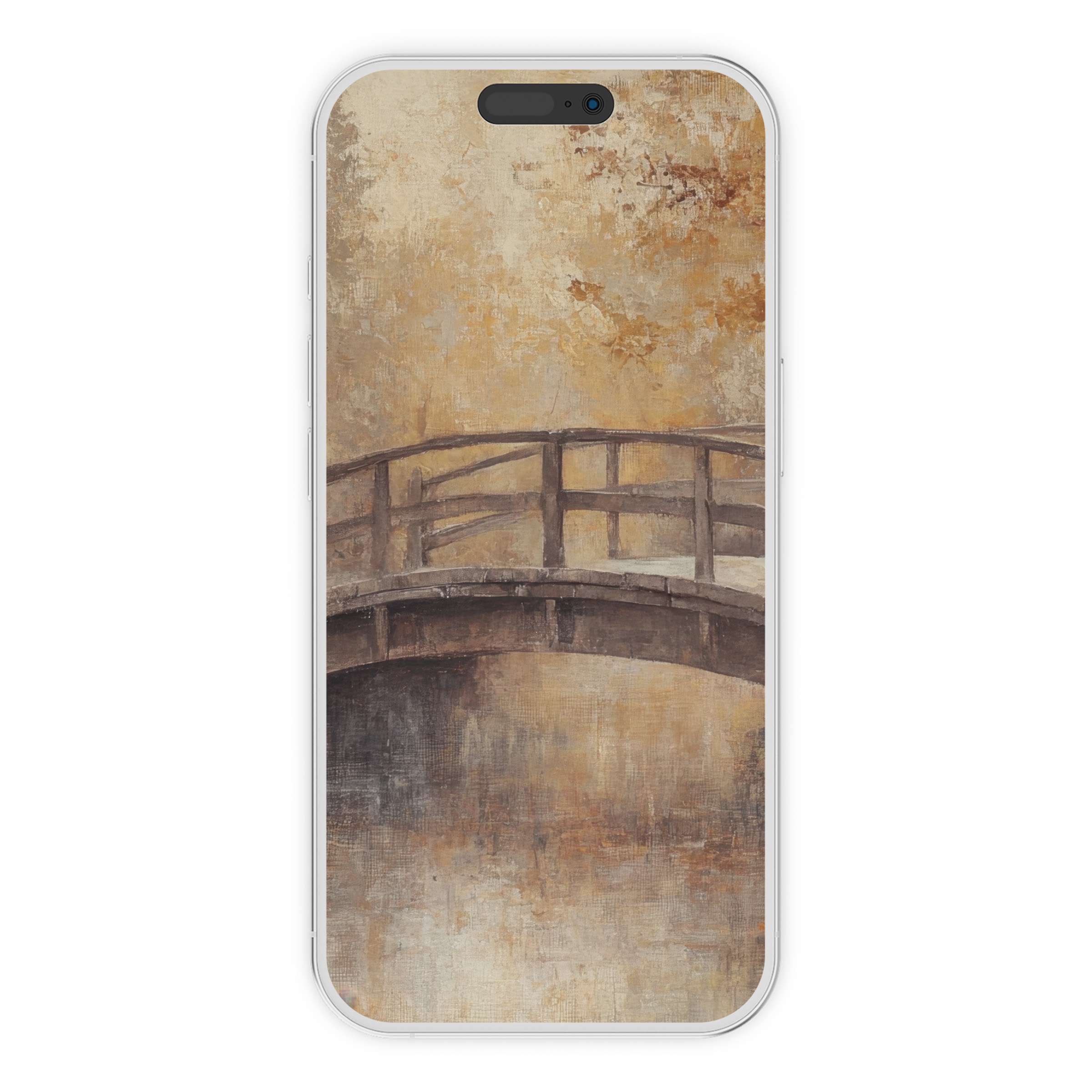 Elegant fall iPhone wallpaper with a rustic bridge design, perfect digital download for serene phone background, enhancing calm aesthetics