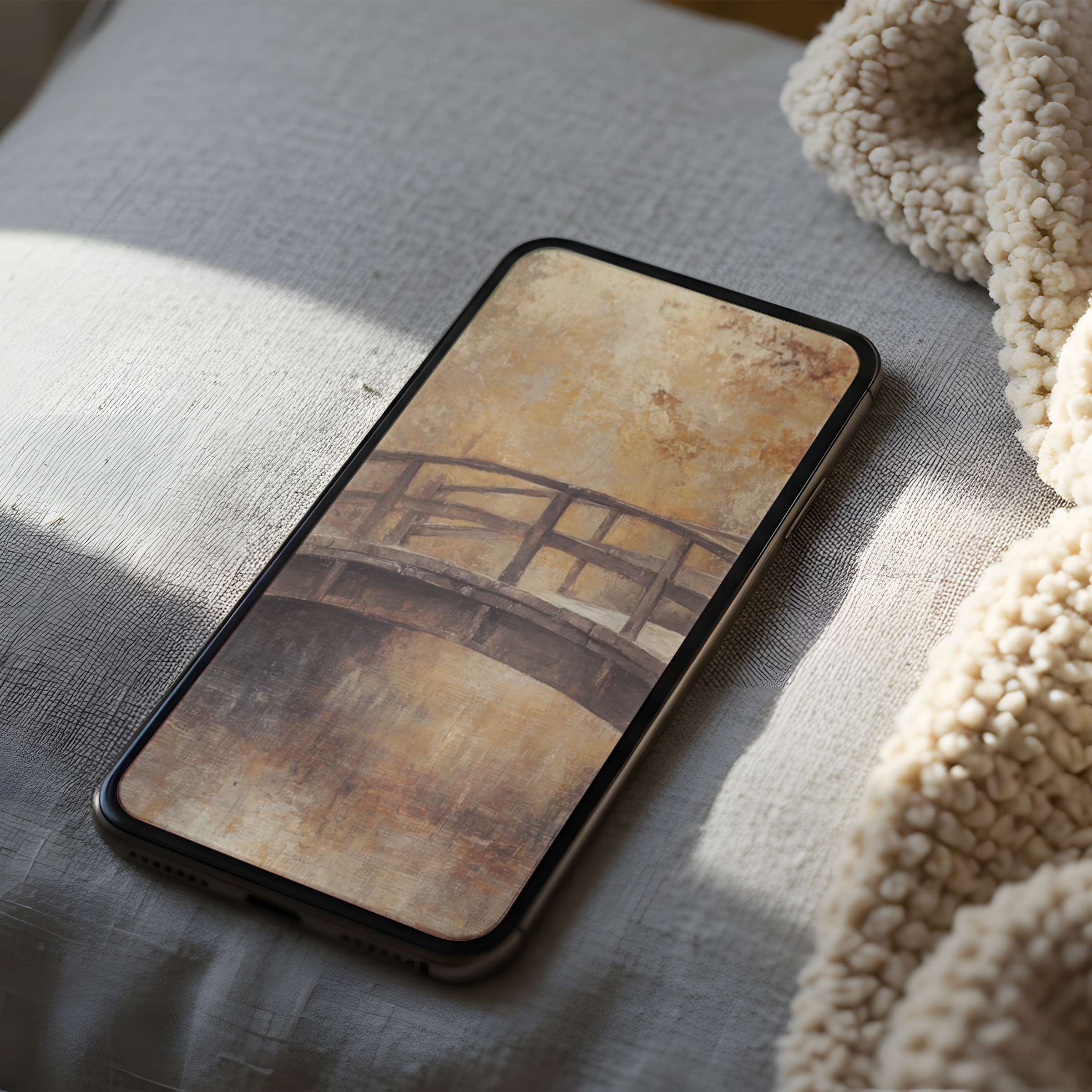 Vintage bridge artwork phone wallpaper evoking tranquility in soft tones perfect for iPhone and Android digital download