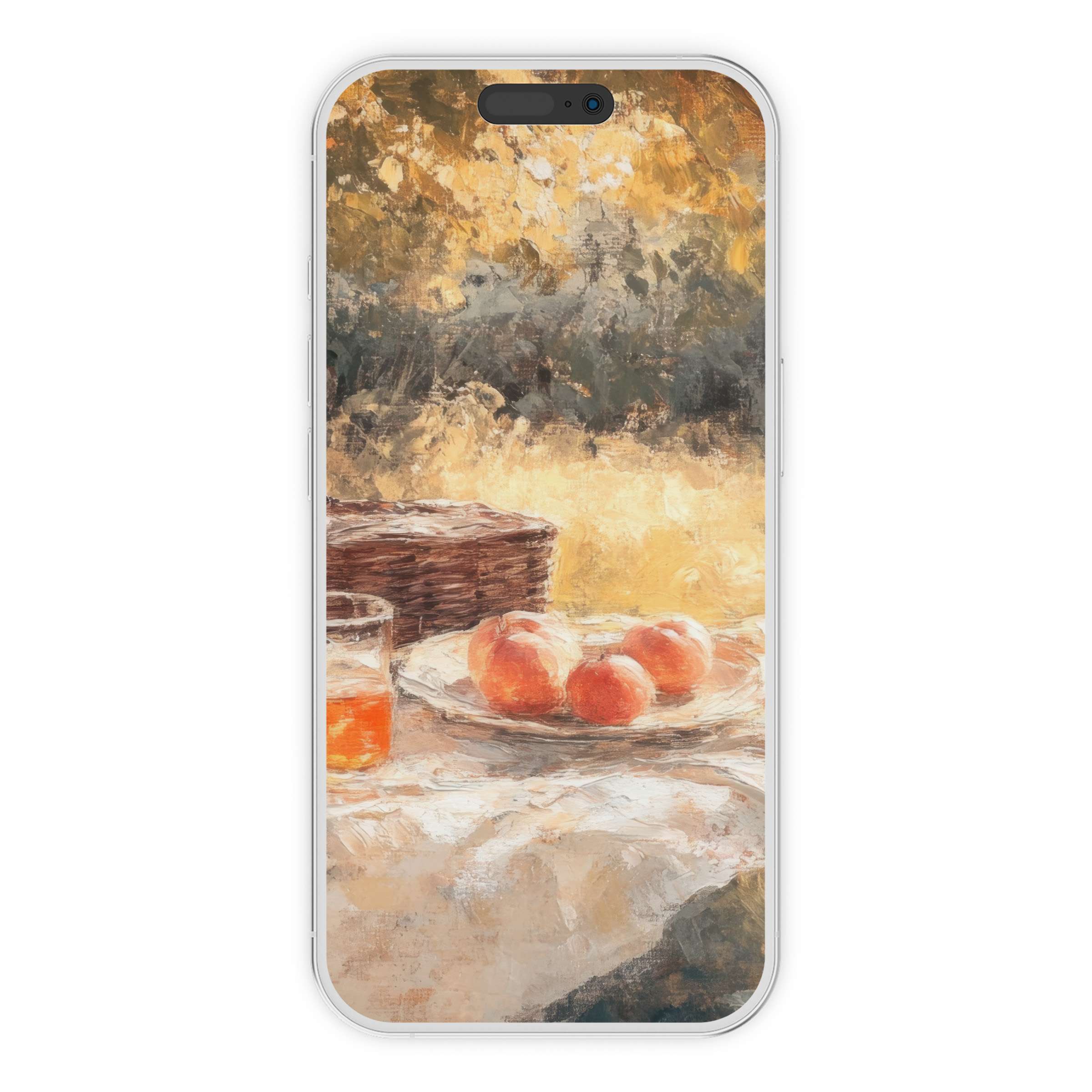Impressionistic fall iPhone wallpaper with serene picnic scene offers a calming phone background available as digital download for Android too