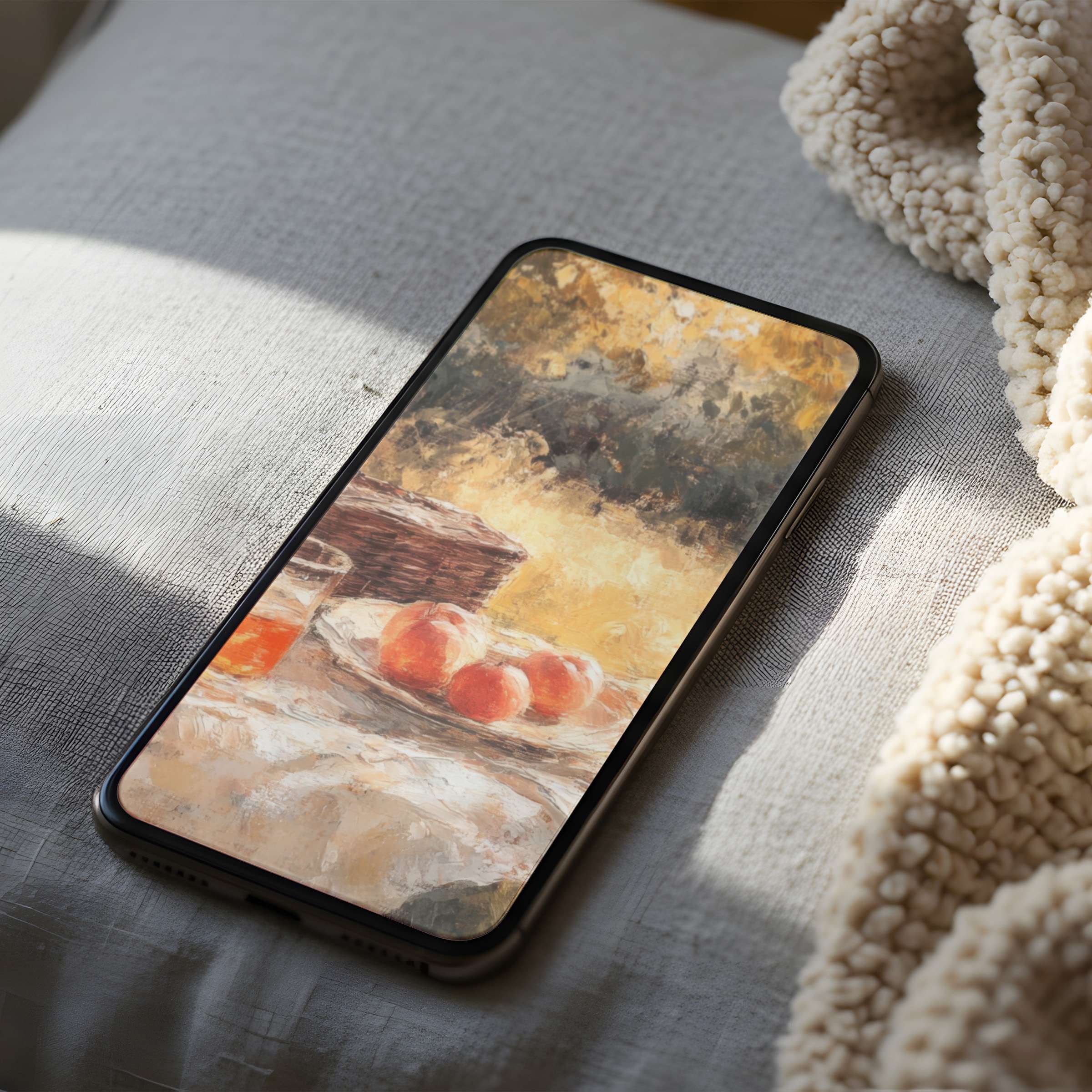 Elegant phone wallpaper with serene still life of oranges and basket in warm hues, enhancing any iPhone with high resolution beauty