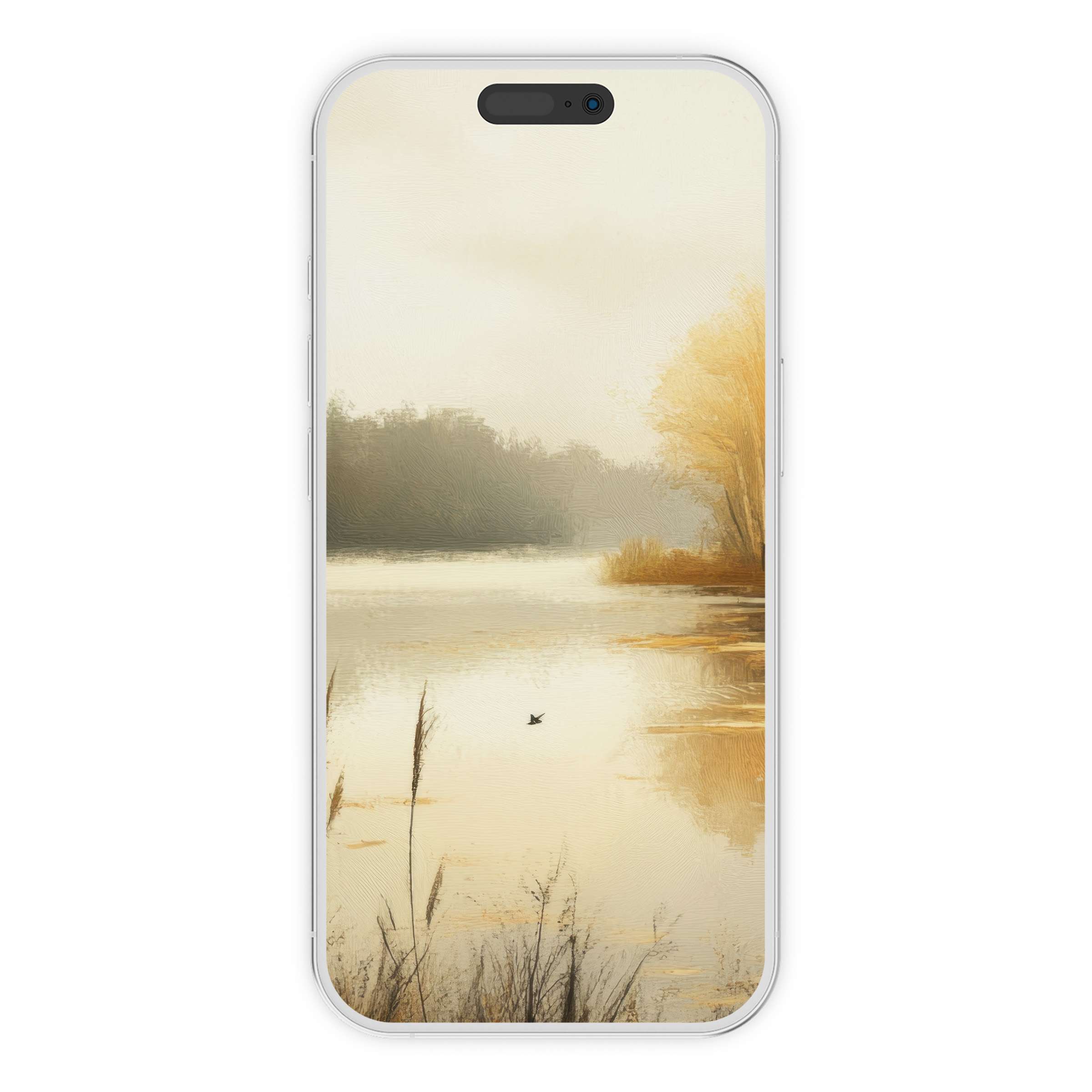 Tranquil fall iPhone wallpaper with serene lake scene, warm autumn hues, perfect digital download for phone backgrounds and decor