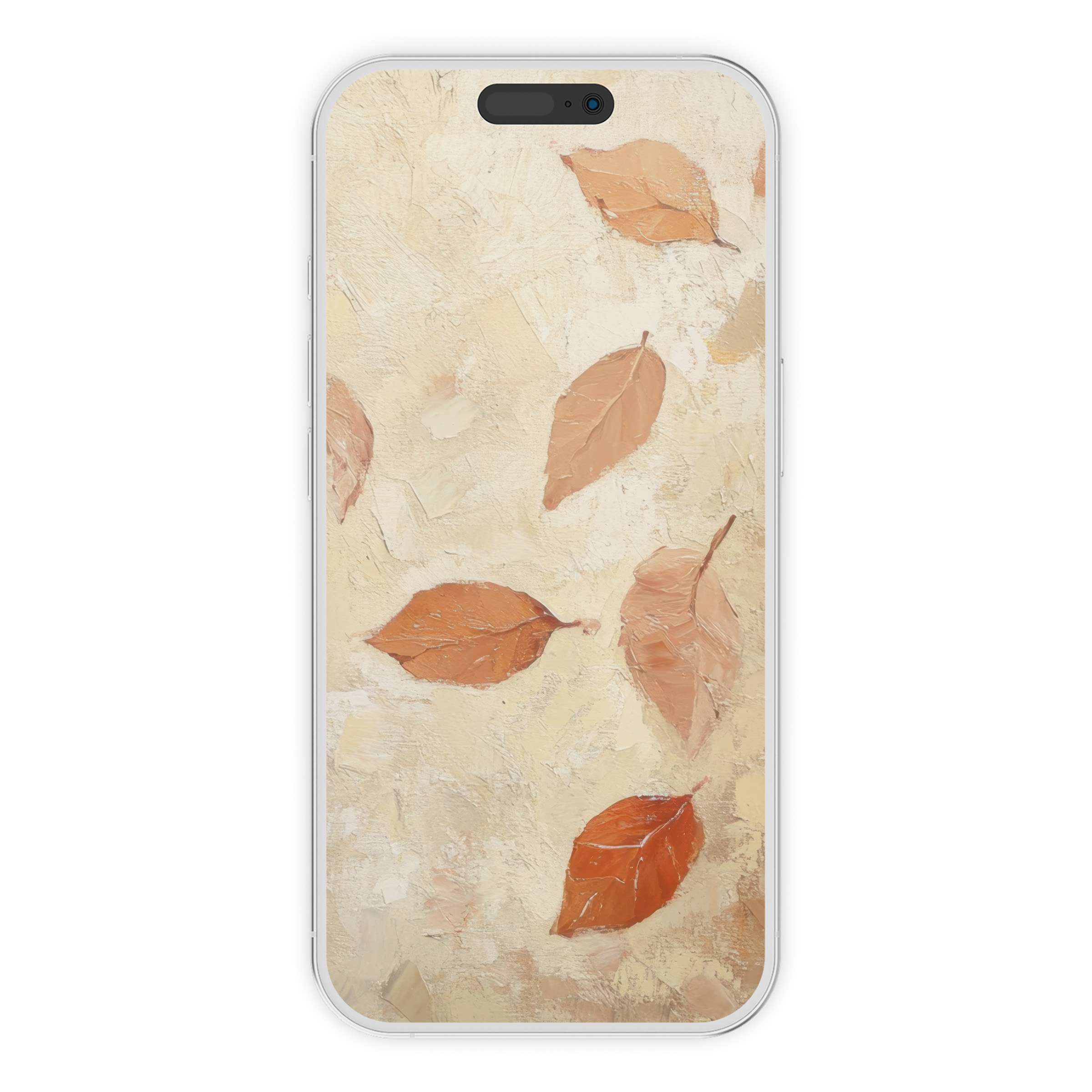Elegant fall iPhone wallpaper with warm-toned leaves on a textured canvas background, ideal digital download for phone aesthetics