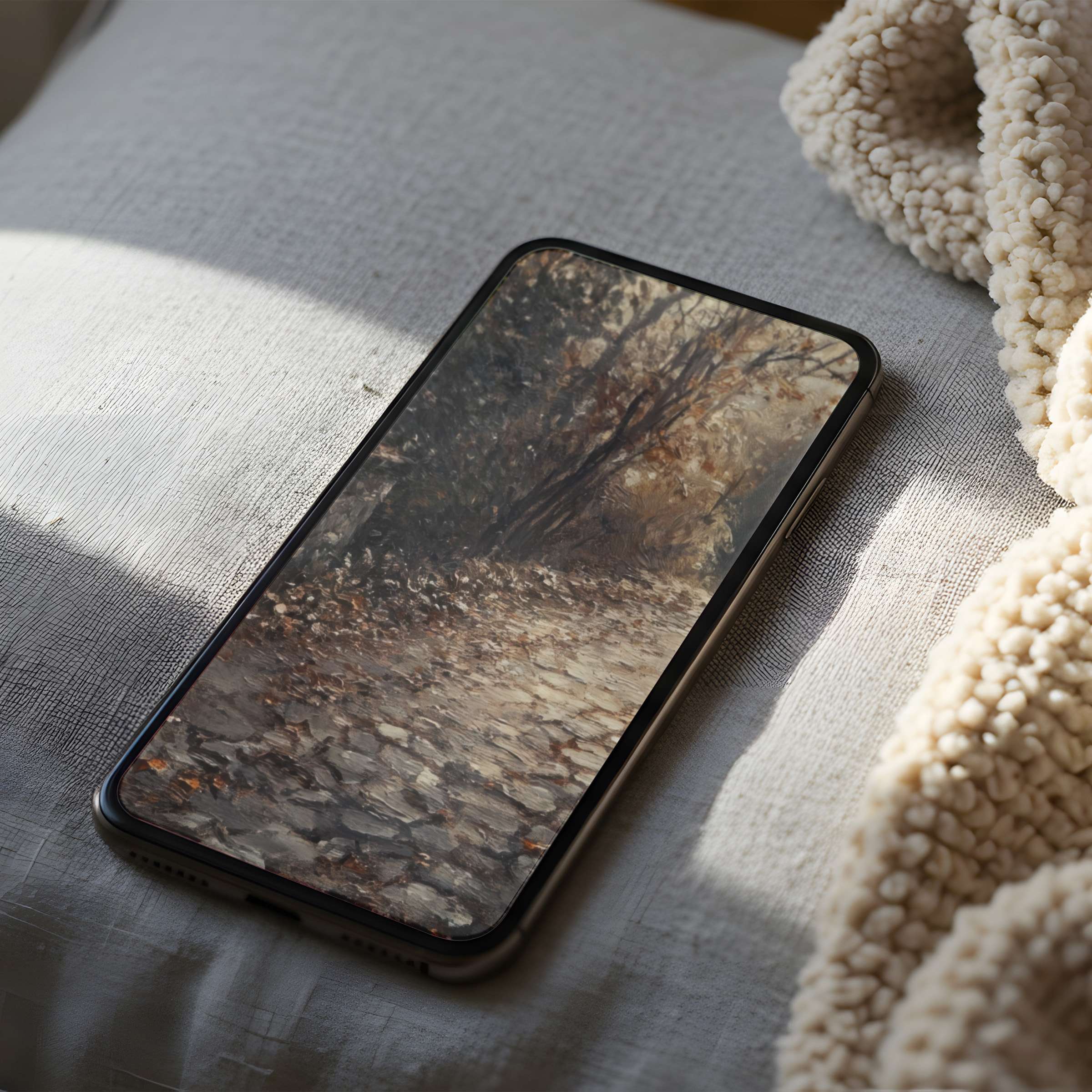 Warm autumn pathway phone wallpaper in high resolution nestled on a cozy pillow offers tranquility for iPhone and android users
