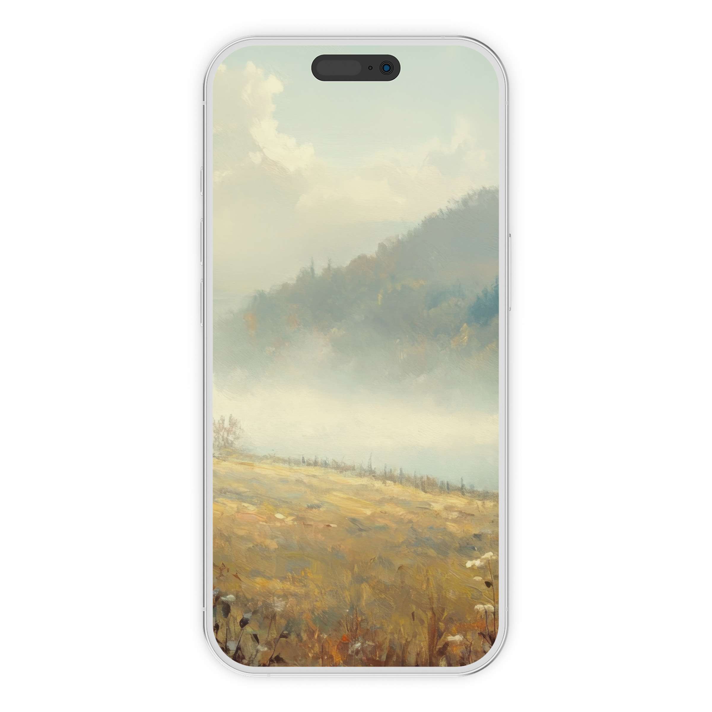 Serene fall iPhone wallpaper with misty landscape, capturing autumn hues, perfect phone background for calming digital download charm