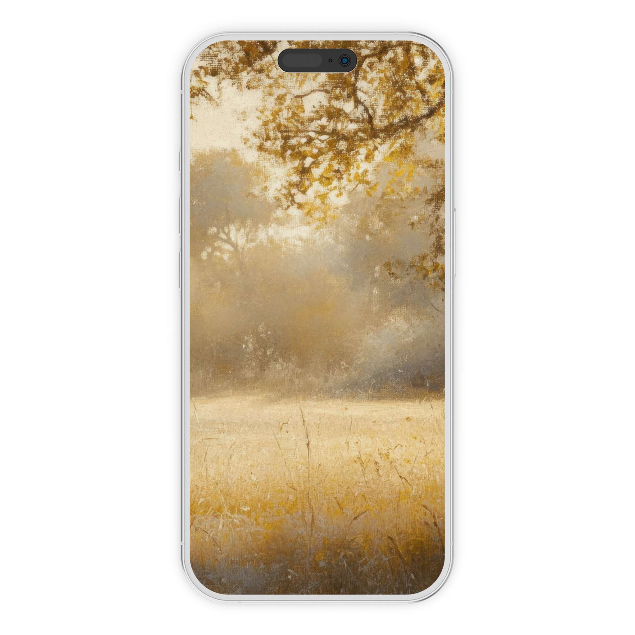 Dreamy fall iPhone wallpaper with golden hues and serene trees, ideal phone background for digital download and tranquility