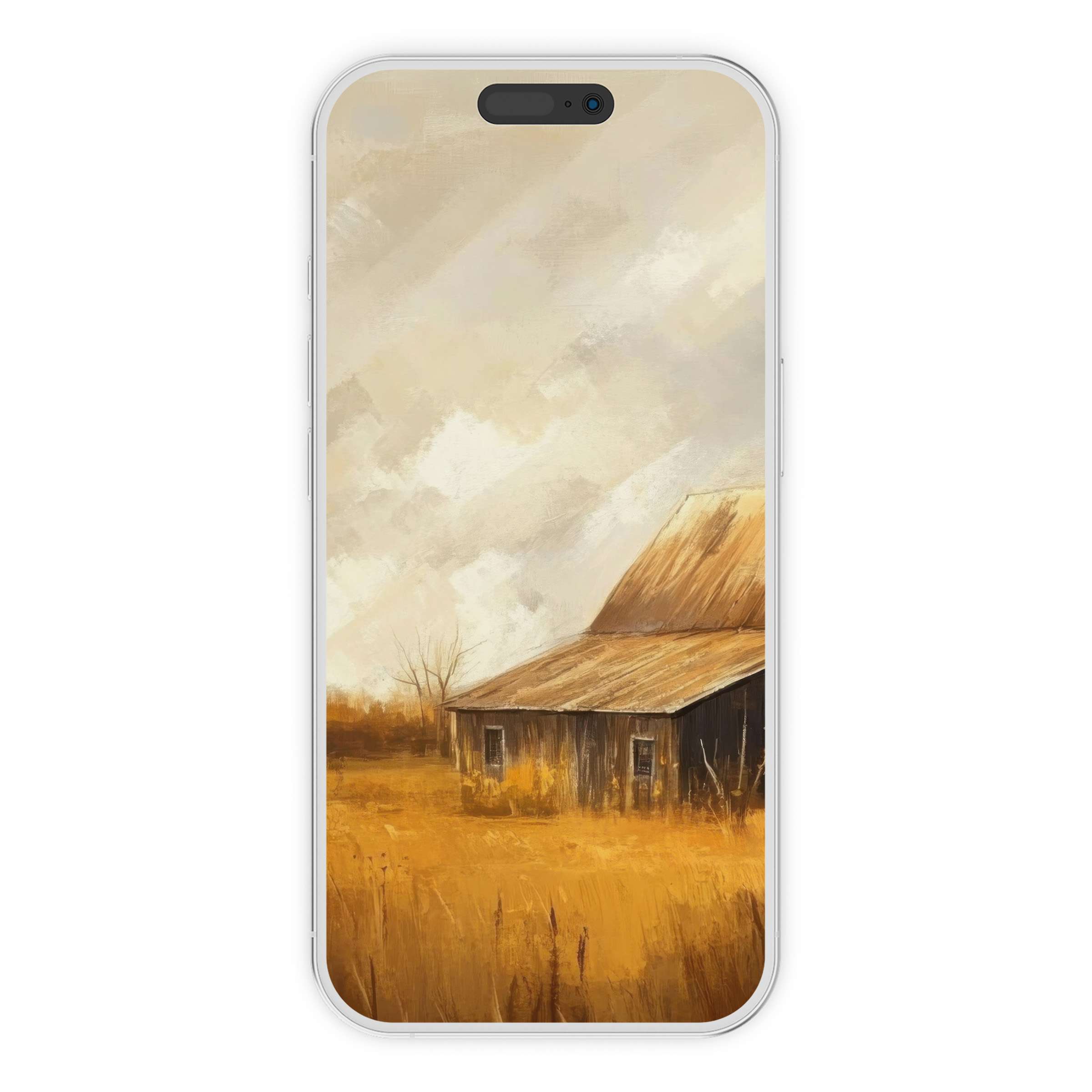 Warm fall iPhone wallpaper featuring a rustic barn in golden fields; perfect digital download for calm phone background lovers