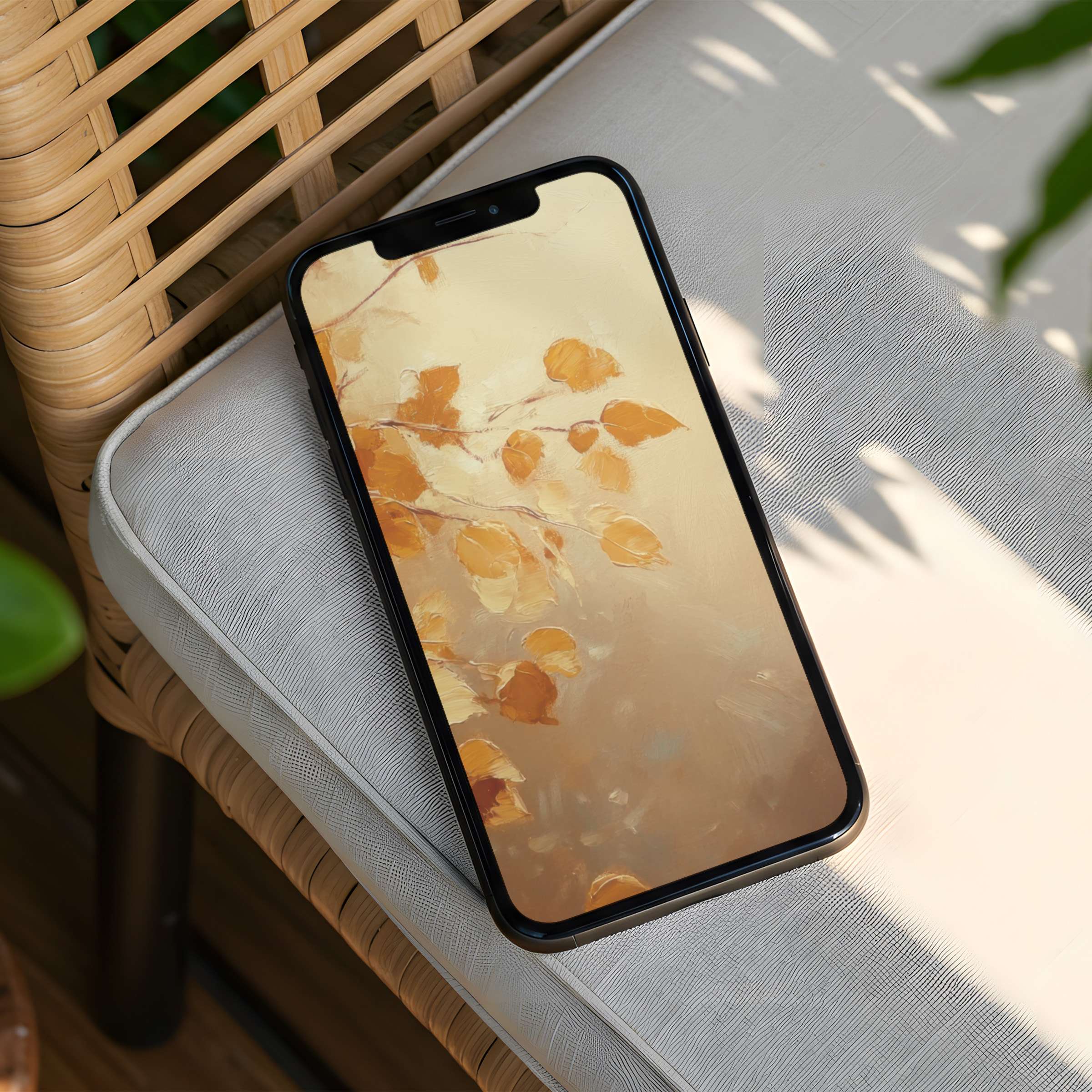 Warm autumnal iPhone background for instant download brings elegance and calm to your phone with soothing ochre leaves and serene tones
