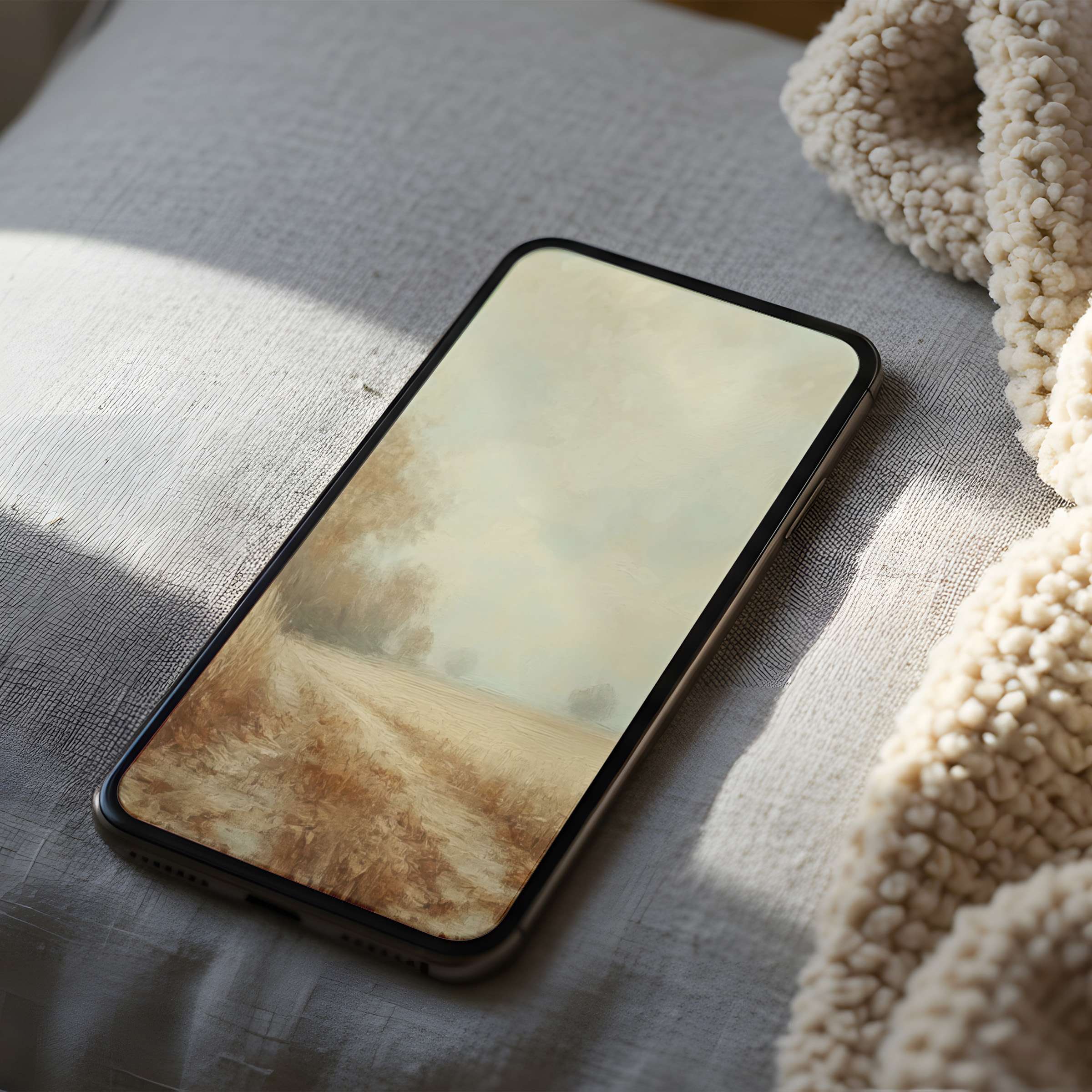 Elegant phone wallpaper featuring soft, misty landscape in earth tones ideal for iPhone high resolution digital download relaxation