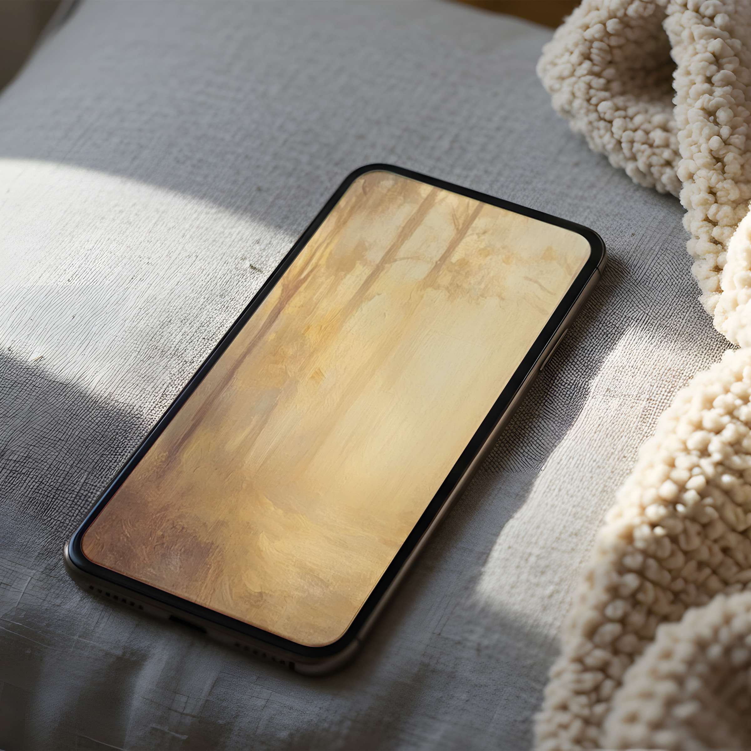 Elegant phone wallpaper featuring a serene forest in warm earth tones enhancing a minimalist space suitable for digital download
