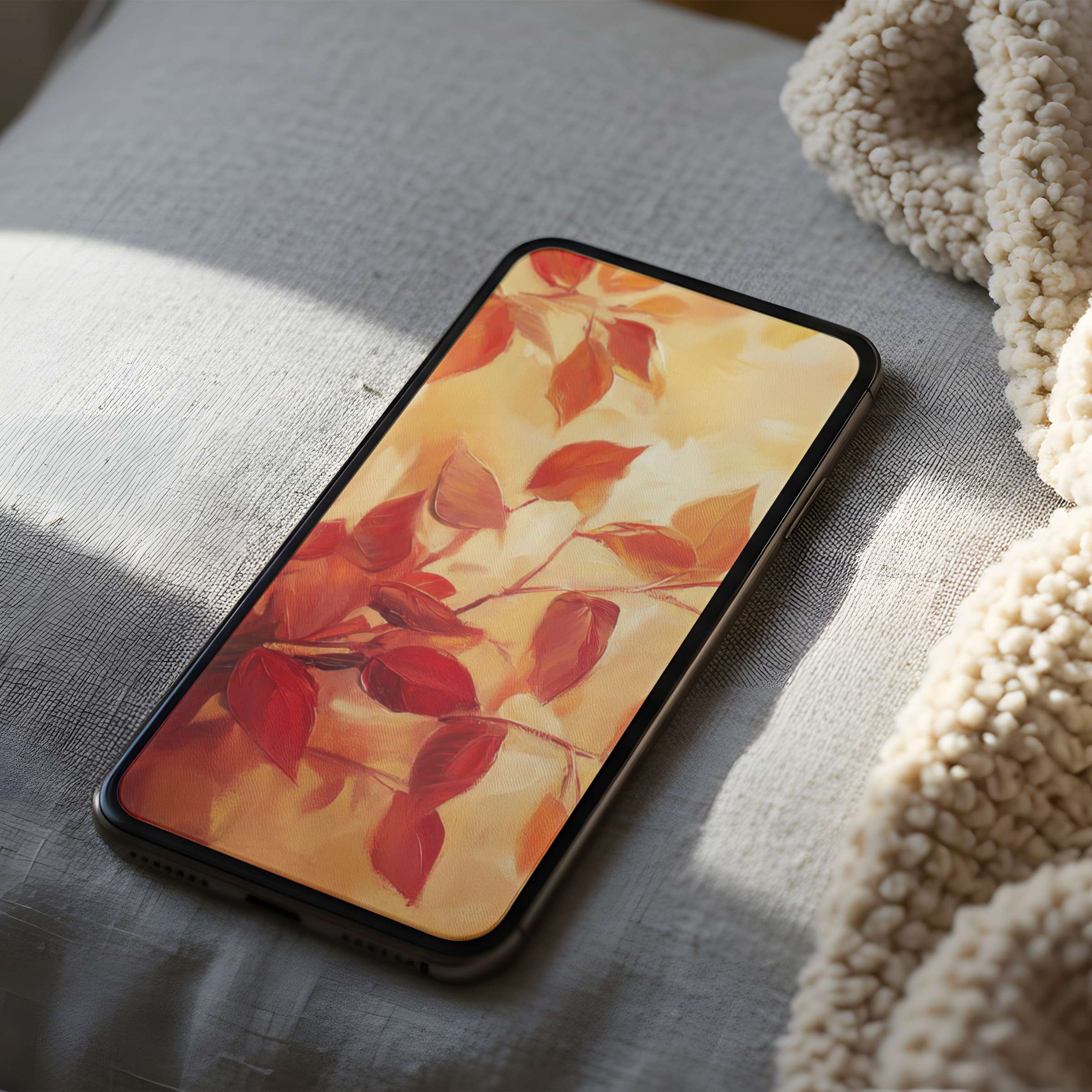Warm autumn leaves phone wallpaper in high resolution evokes serenity, perfect for iPhone and Android, sustainable digital download