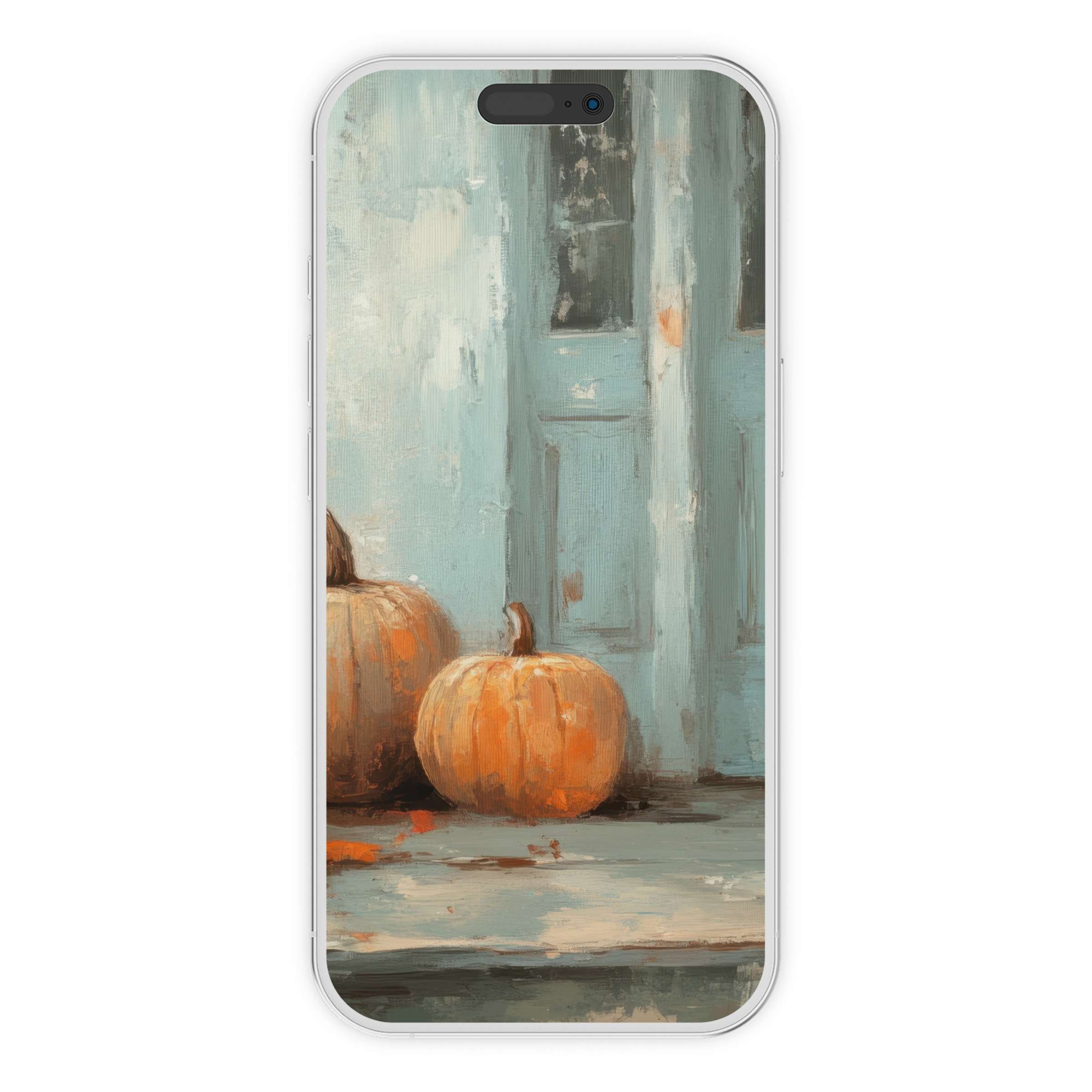 Elegant fall iPhone wallpaper with rustic pumpkins on distressed blue porch evokes calm Digital download for phone background