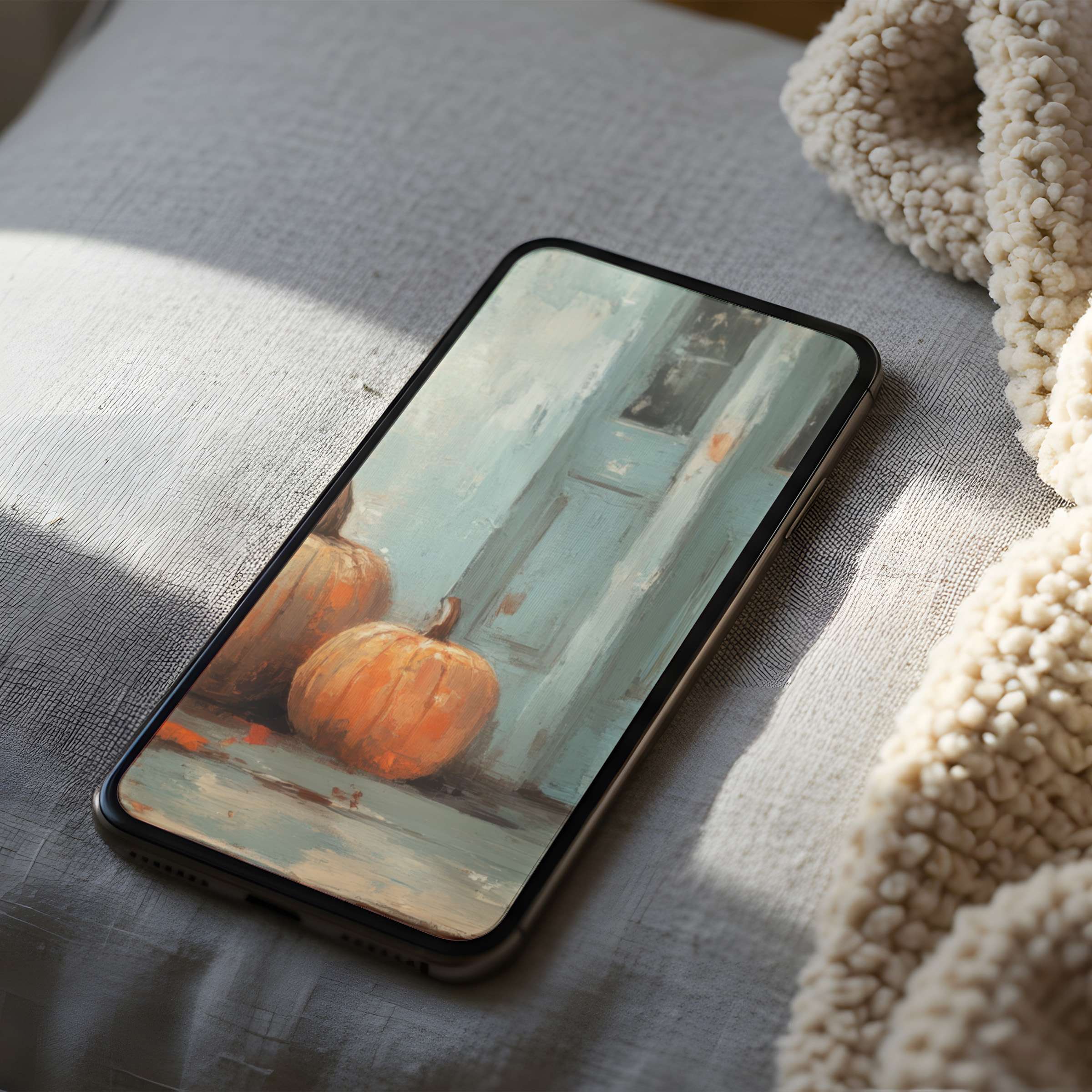 Elegant phone wallpaper featuring rustic pumpkins and a teal door in high resolution radiates calm, perfect for iPhone or Android users