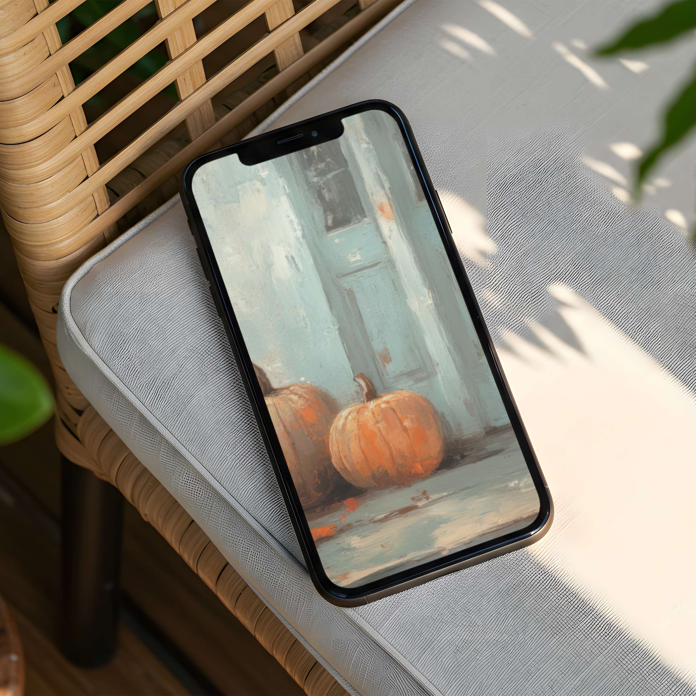 Elegant iPhone background with serene autumn painting of pumpkins on a rustic porch offers instant download for your phone