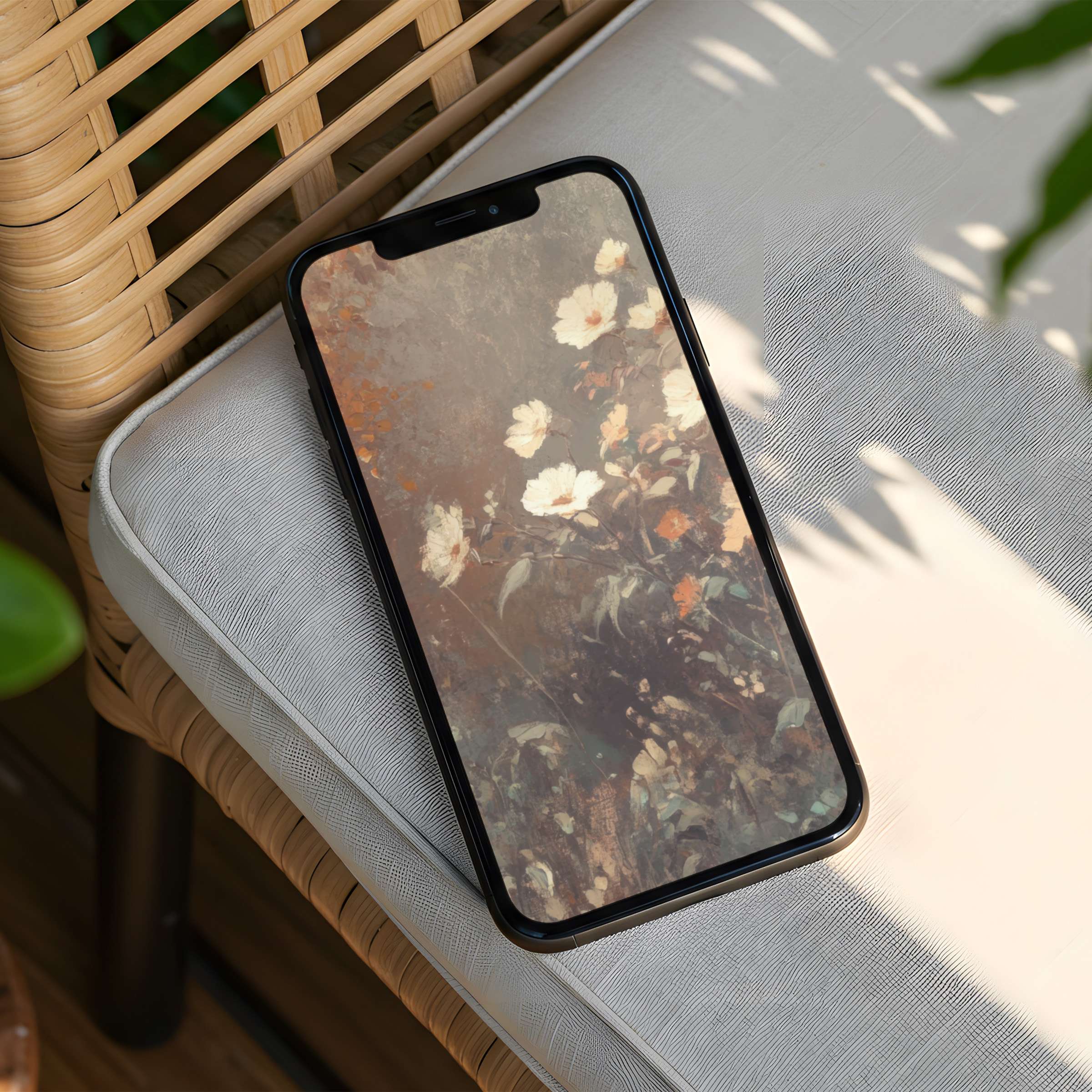 Elegant floral iPhone background with muted white blooms evokes calm inspiration and mindfulness instant download for any phone