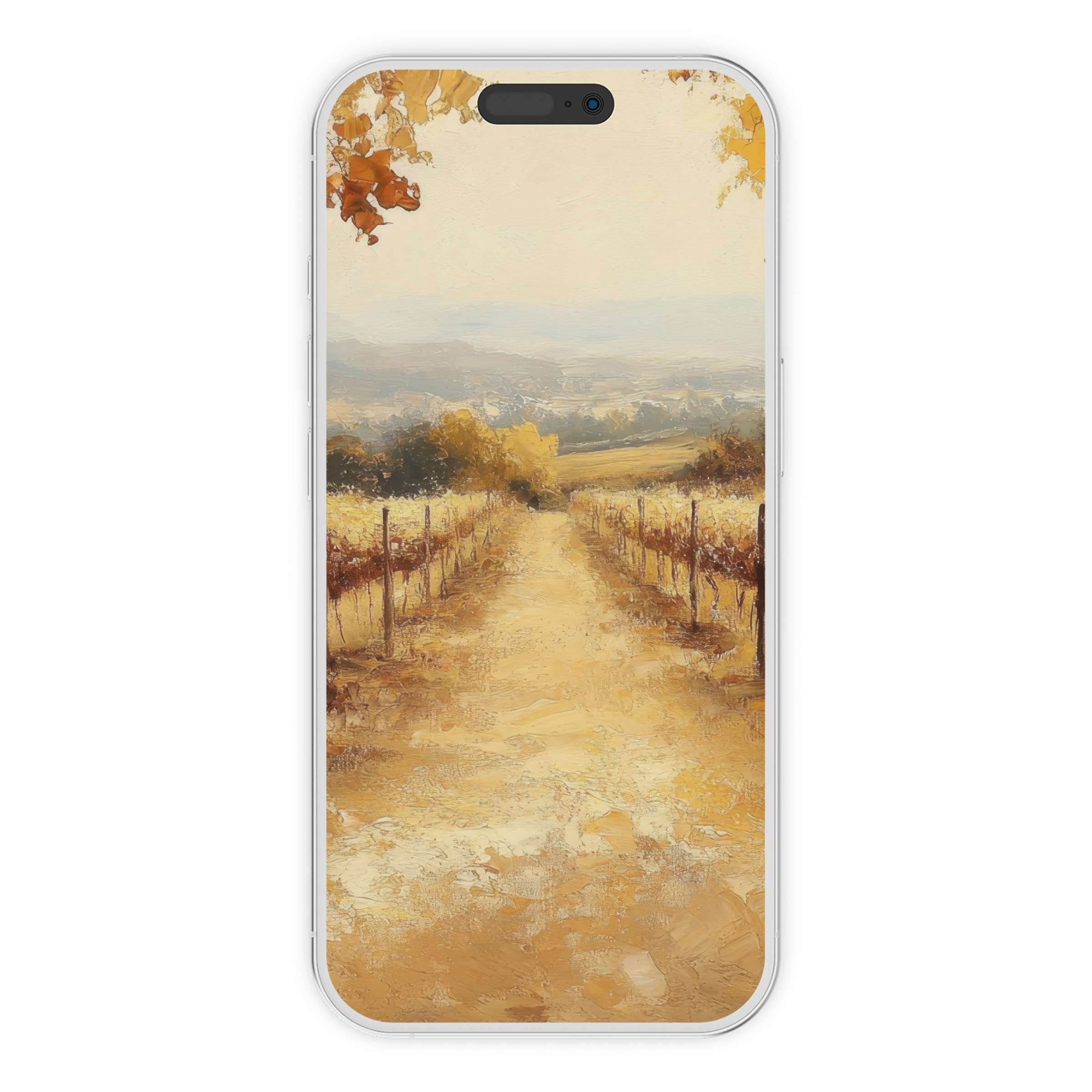 Serene fall iPhone wallpaper digital download captures a rustic vineyard path in warm hues perfect for phone backgrounds on any device