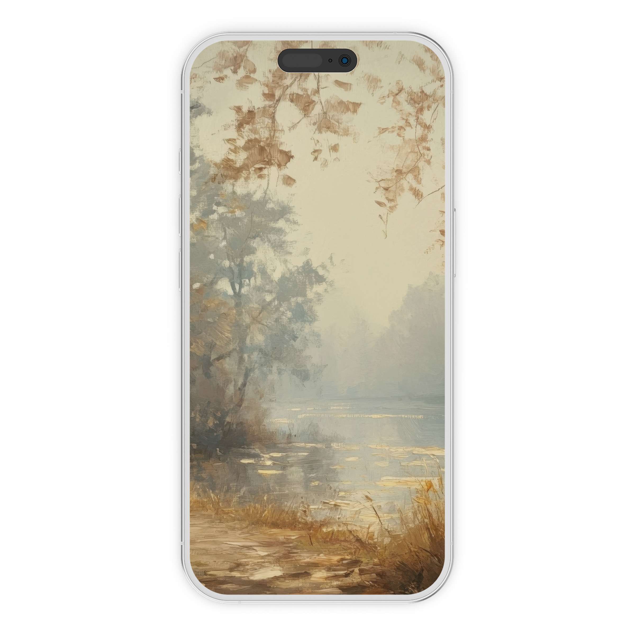 Serene fall iPhone wallpaper with warm tones and misty water, perfect phone background for a calming digital download experience
