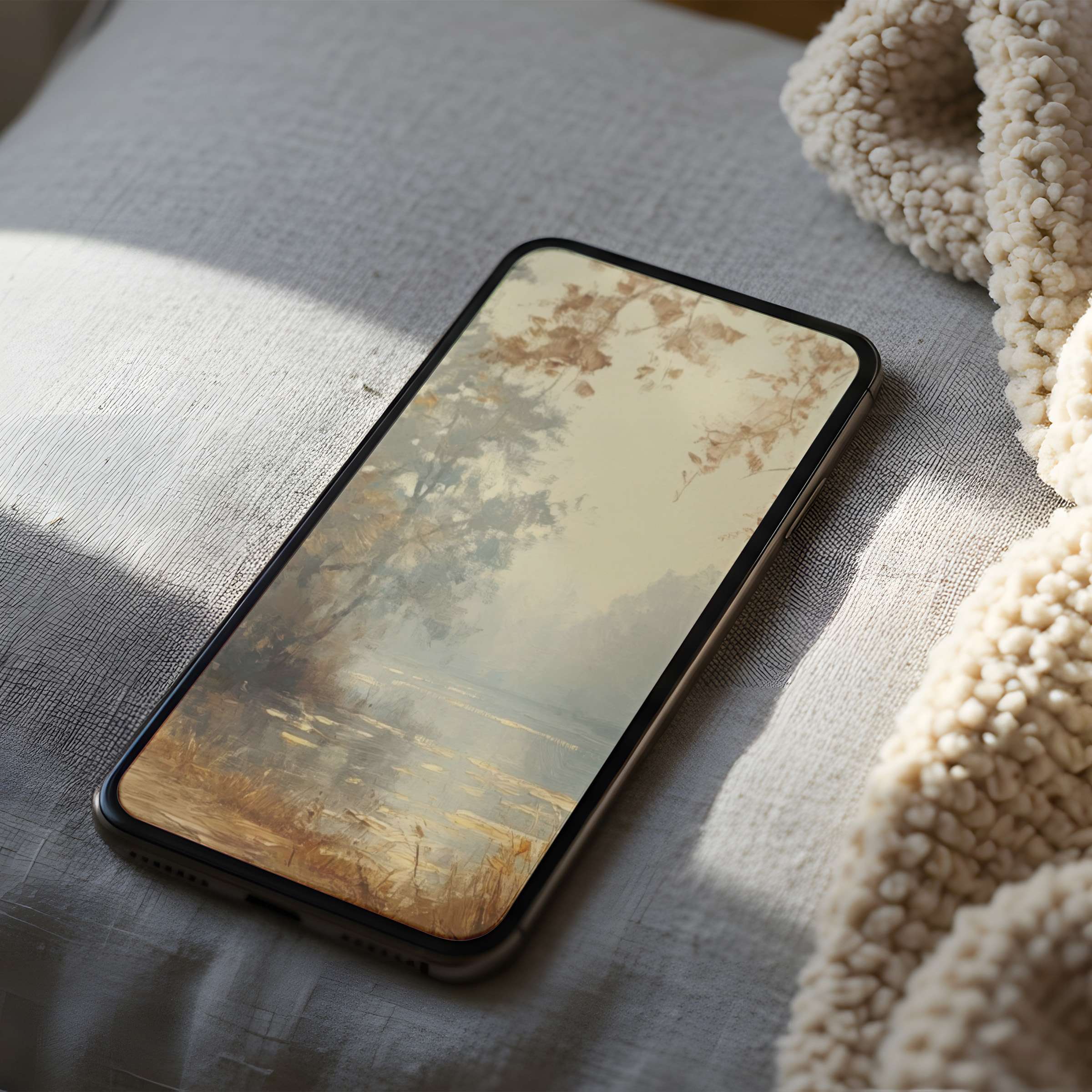 Elegant phone wallpaper with serene nature scene in soft autumn hues, perfect high-resolution digital download for iPhone or Android