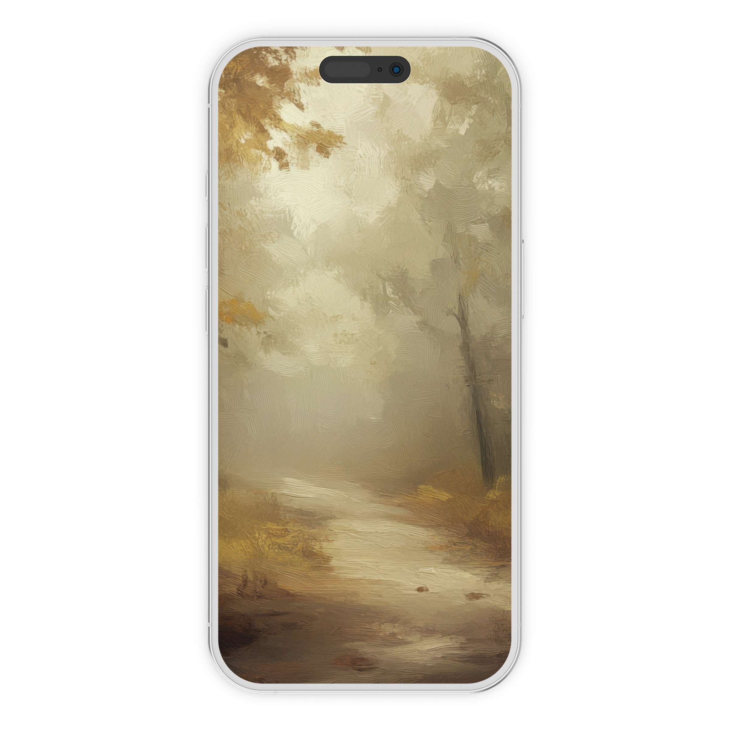 Elegant fall iPhone wallpaper depicting a misty forest path in muted autumn tones; perfect digital download phone background