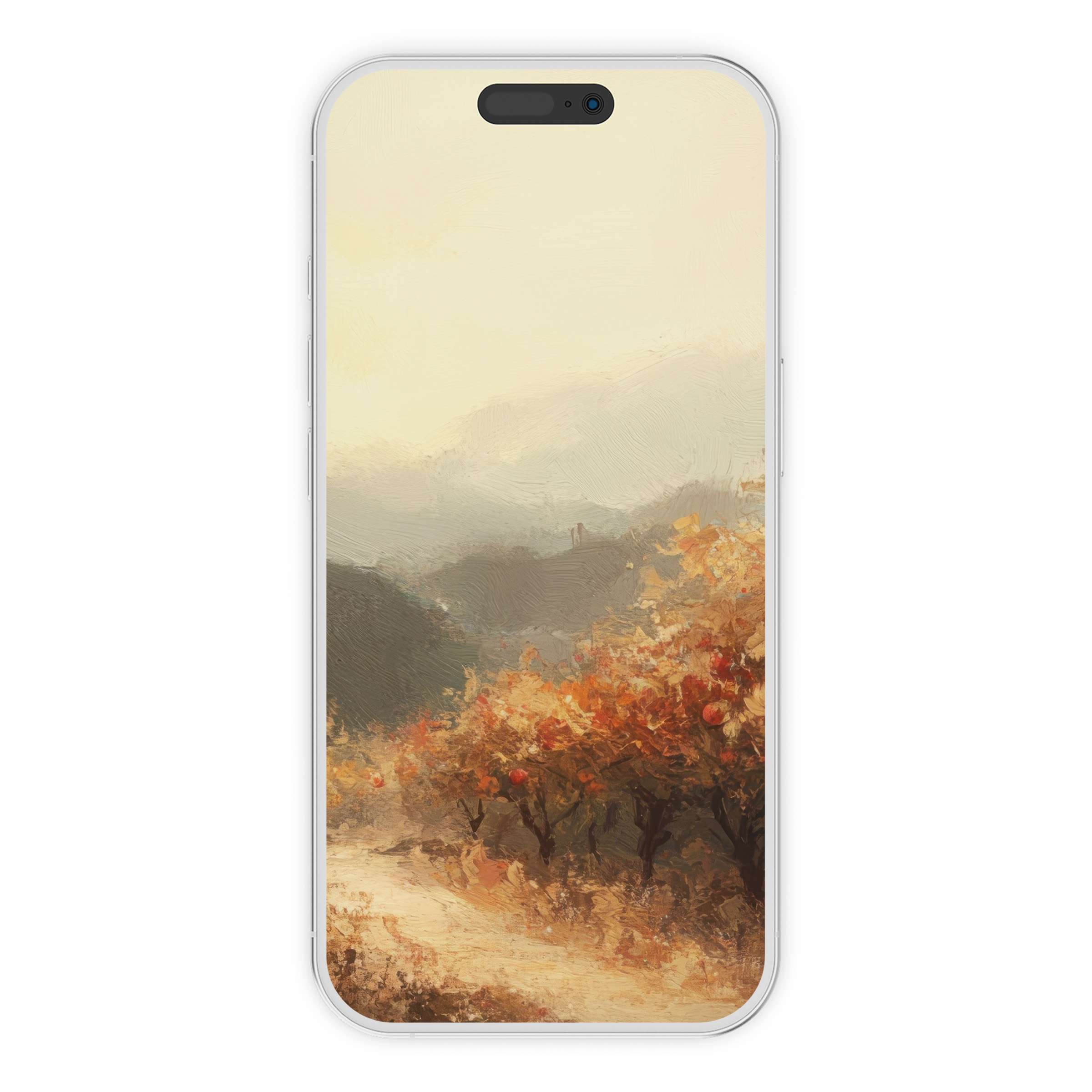 Ethereal fall iPhone wallpaper showcasing a serene landscape in warm autumn hues perfect digital download for phone background use