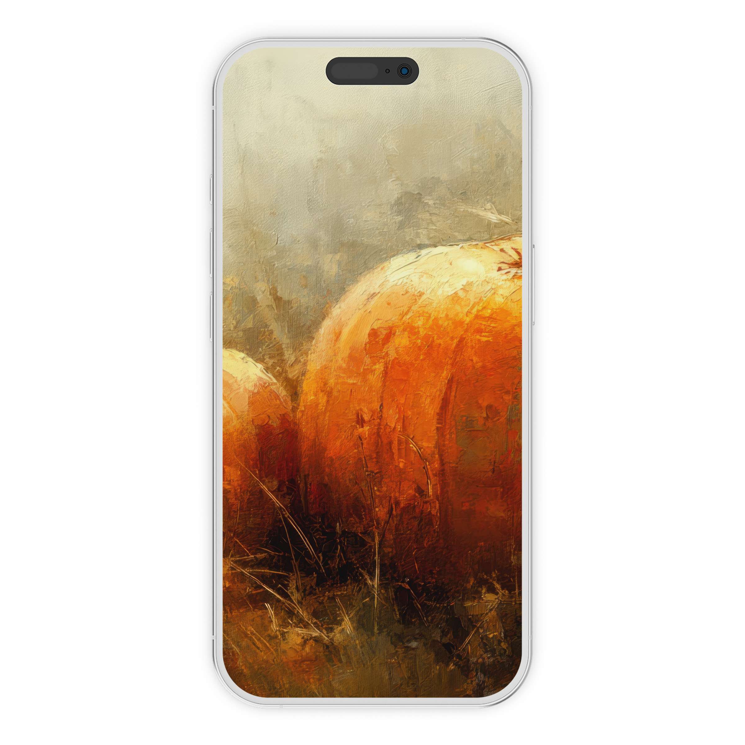 Warm, textured fall iPhone wallpaper with pumpkins in earth tones evokes calm; perfect digital download for phone background users