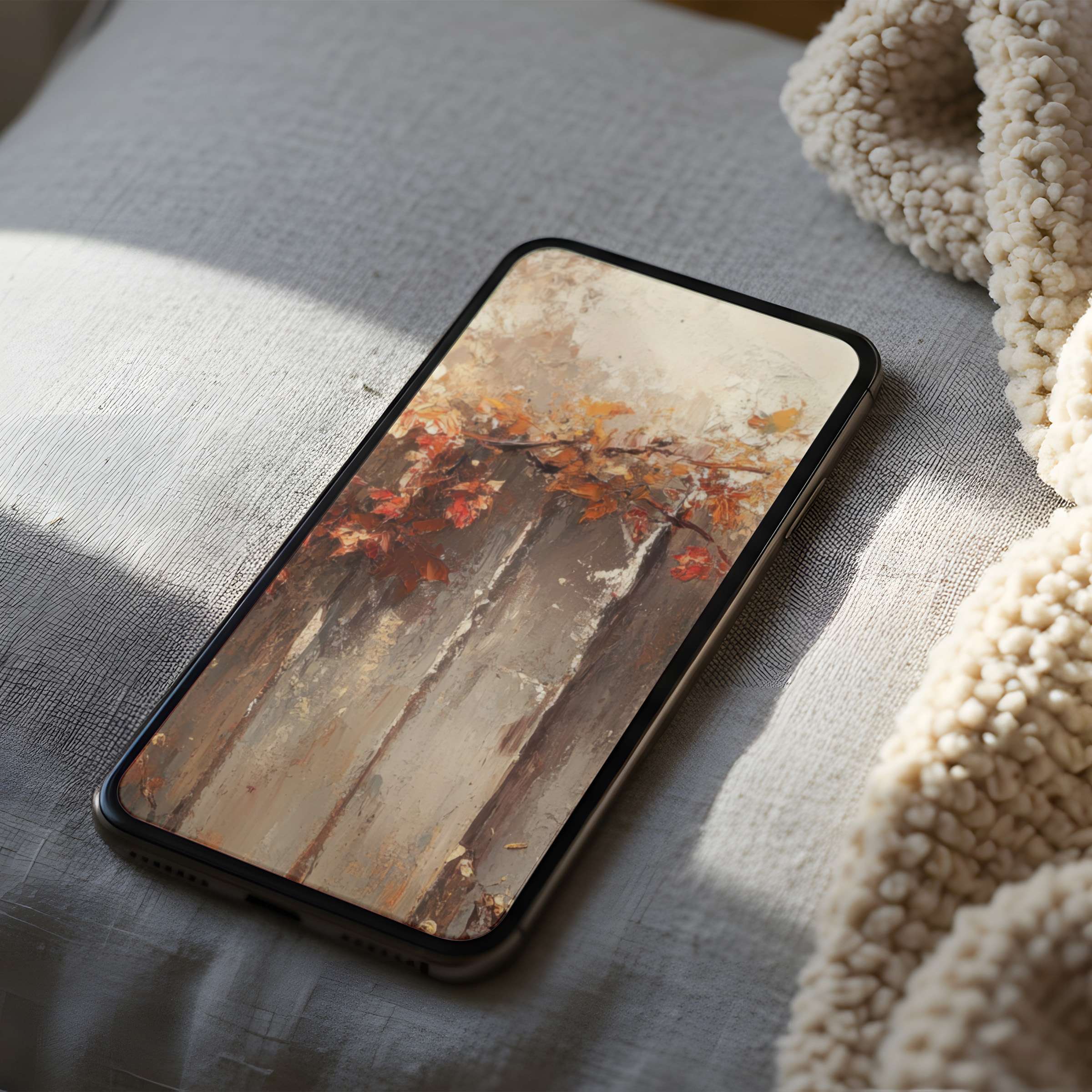 Elegant phone wallpaper featuring autumn leaves against textured wood in high resolution, perfect for iPhone or Android digital download