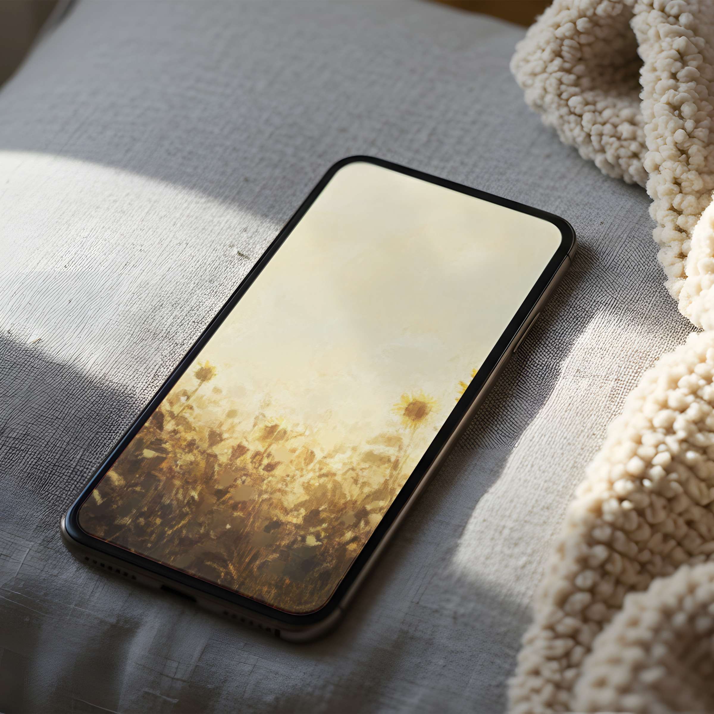 Sunlit sunflower field phone wallpaper in high resolution brings serene elegance to iPhone and Android screens for digital download