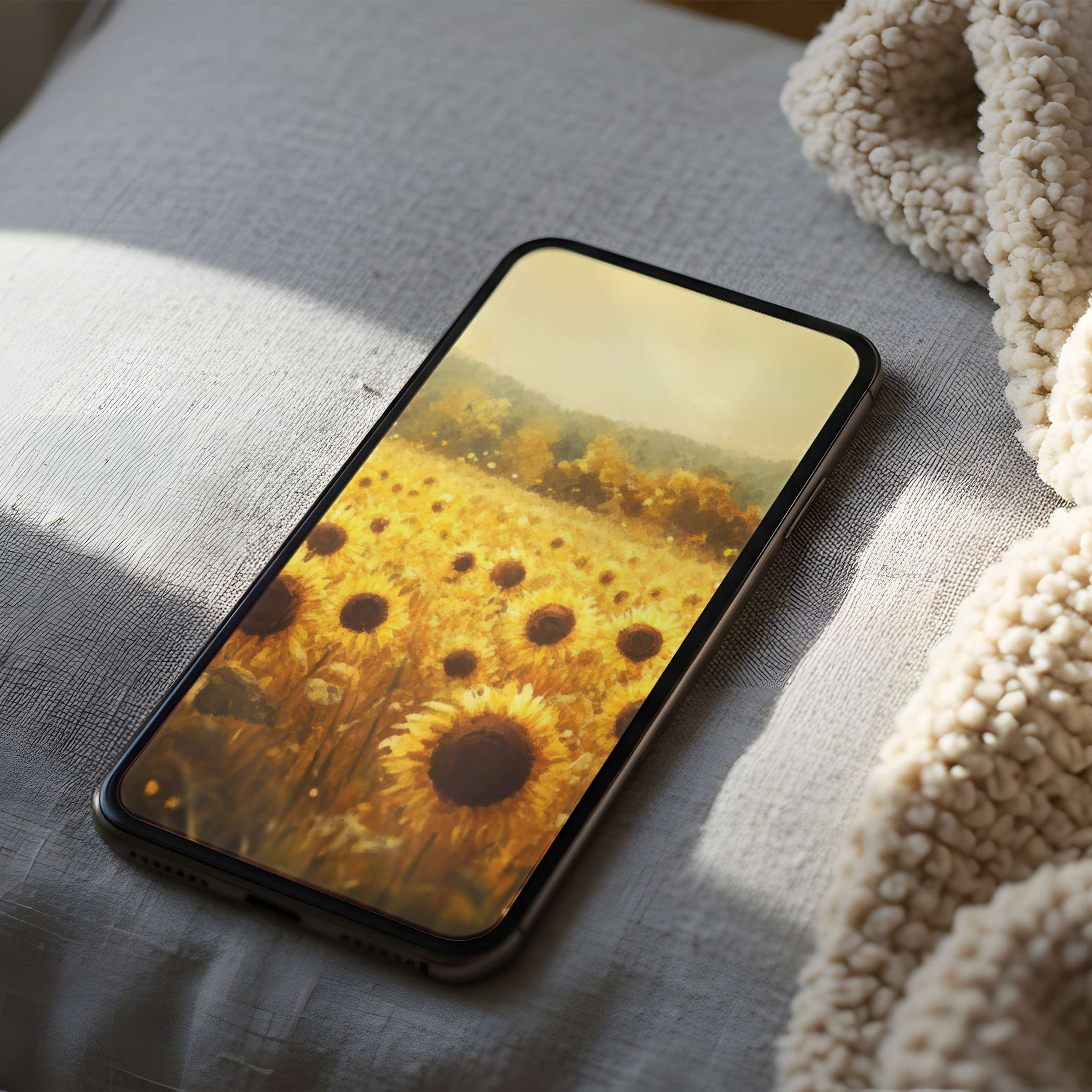 Sunlit sunflower field phone wallpaper brings warmth and tranquility, perfect for iPhone and Android digital download, enhancing aesthetics
