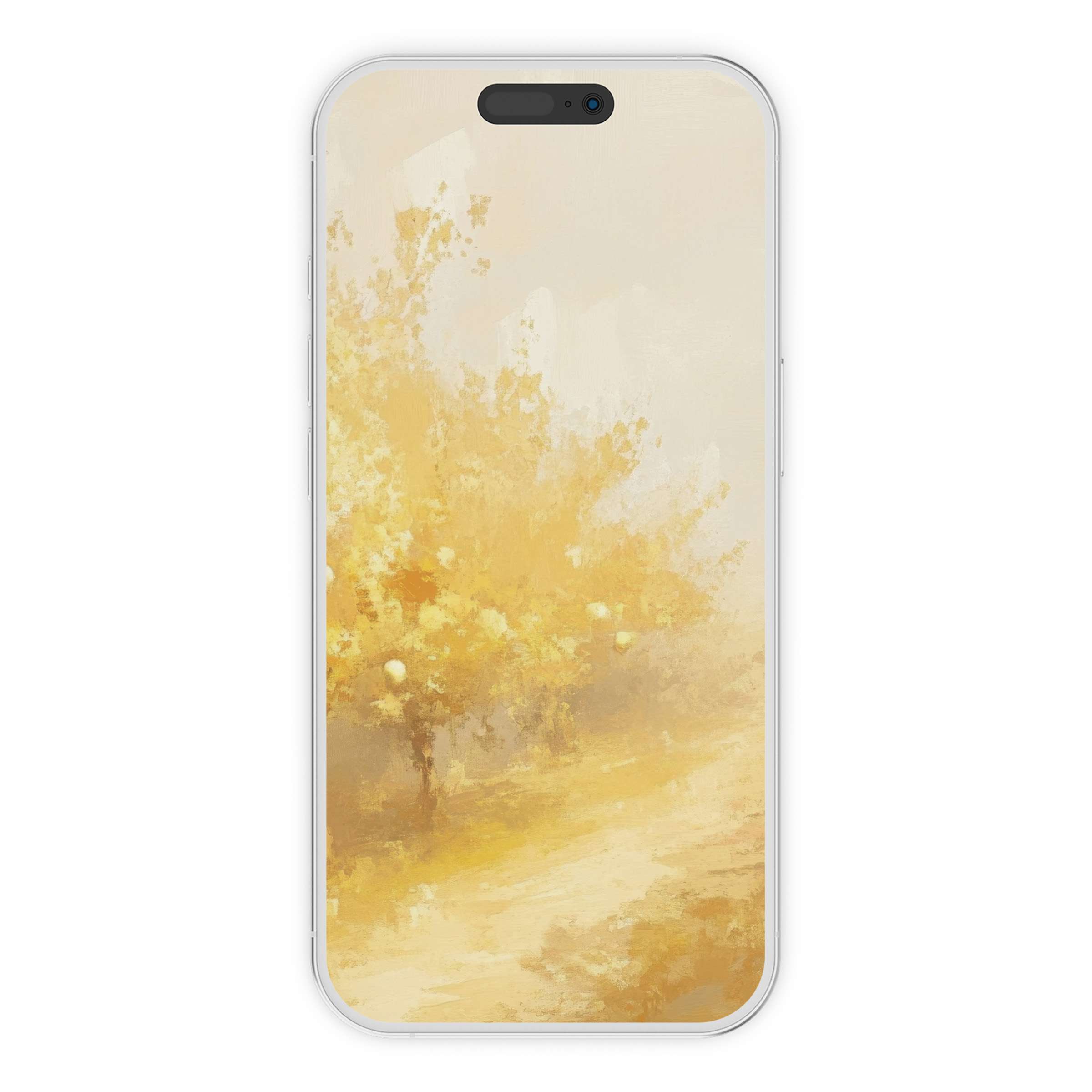 Elegant fall iPhone wallpaper with a golden abstract tree background for a calming digital download on your phone or Android