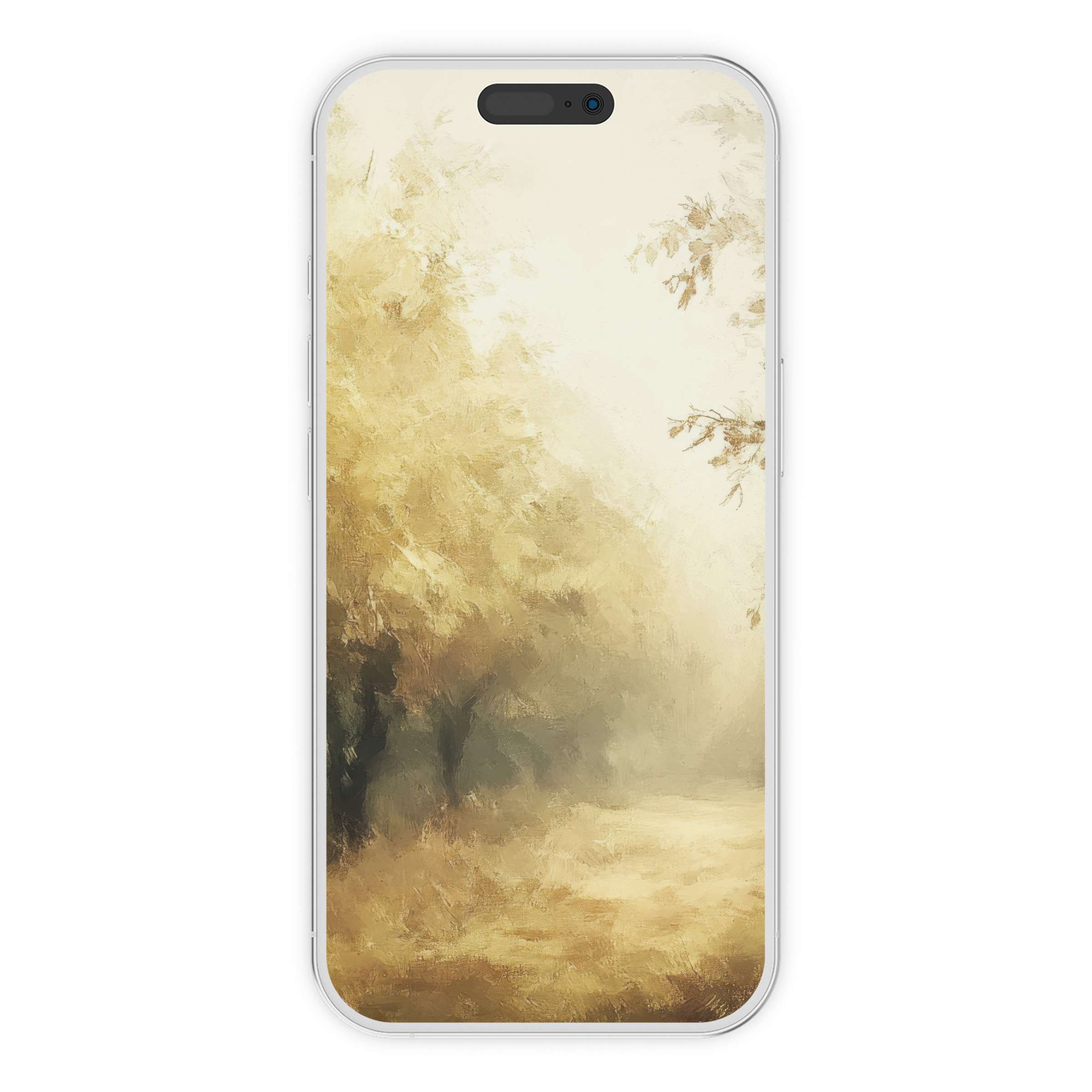 Serene fall iPhone wallpaper with misty gold tones, suitable for phone backgrounds, offering digital download for a calm, elegant vibe