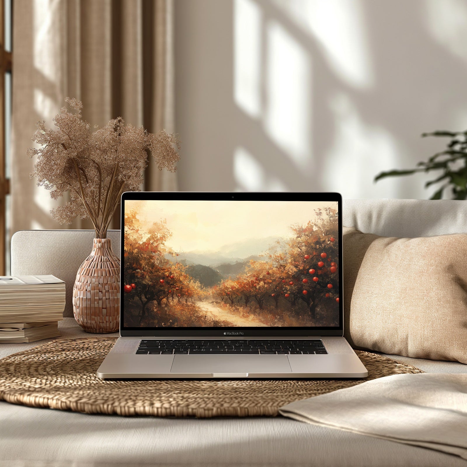 Fall Computer Background on Laptop in Modern Living Room