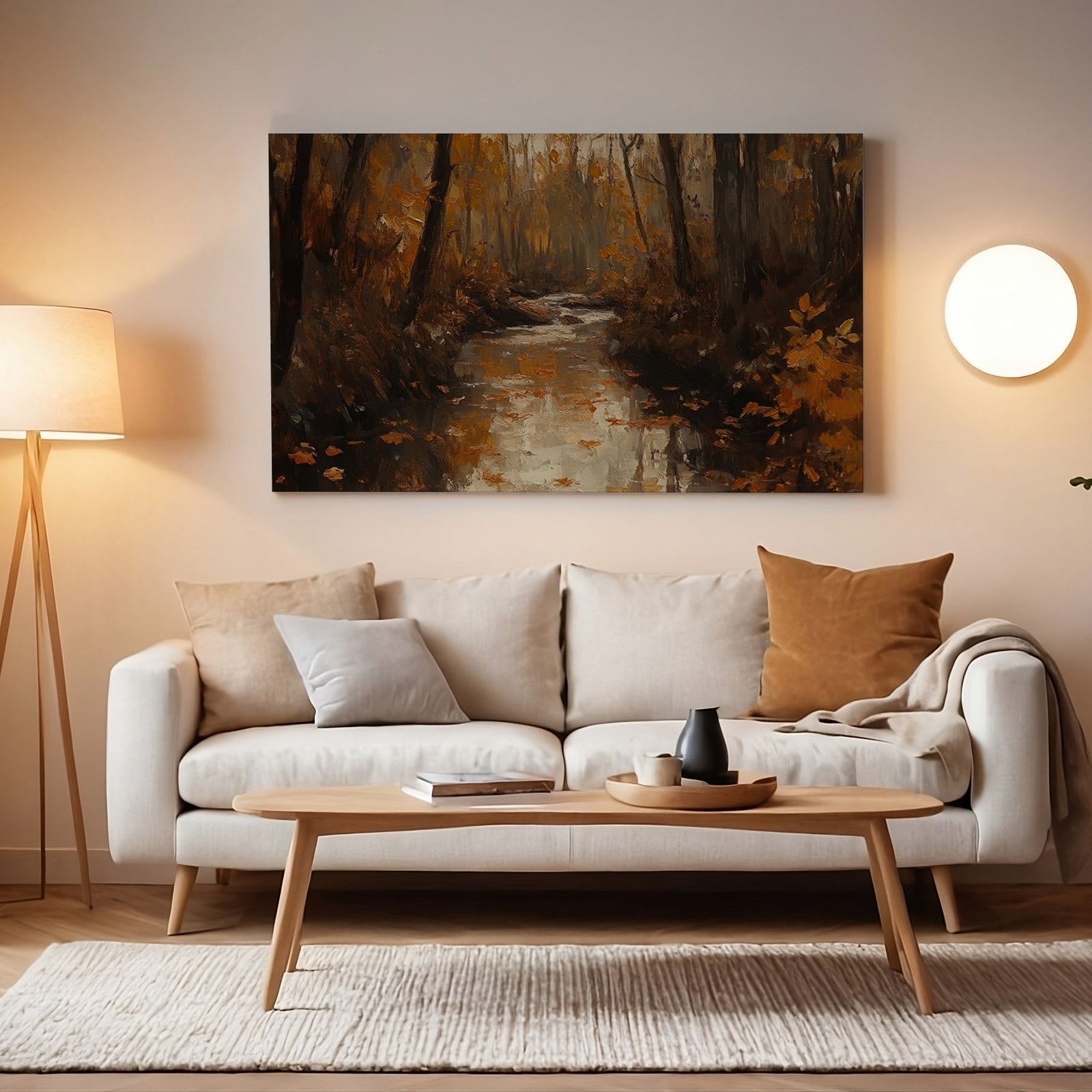 Fall printable wall art featuring a warm autumn forest scene with a reflective stream and golden-brown foliage, displayed above a neutral beige sofa in a cozy living room
