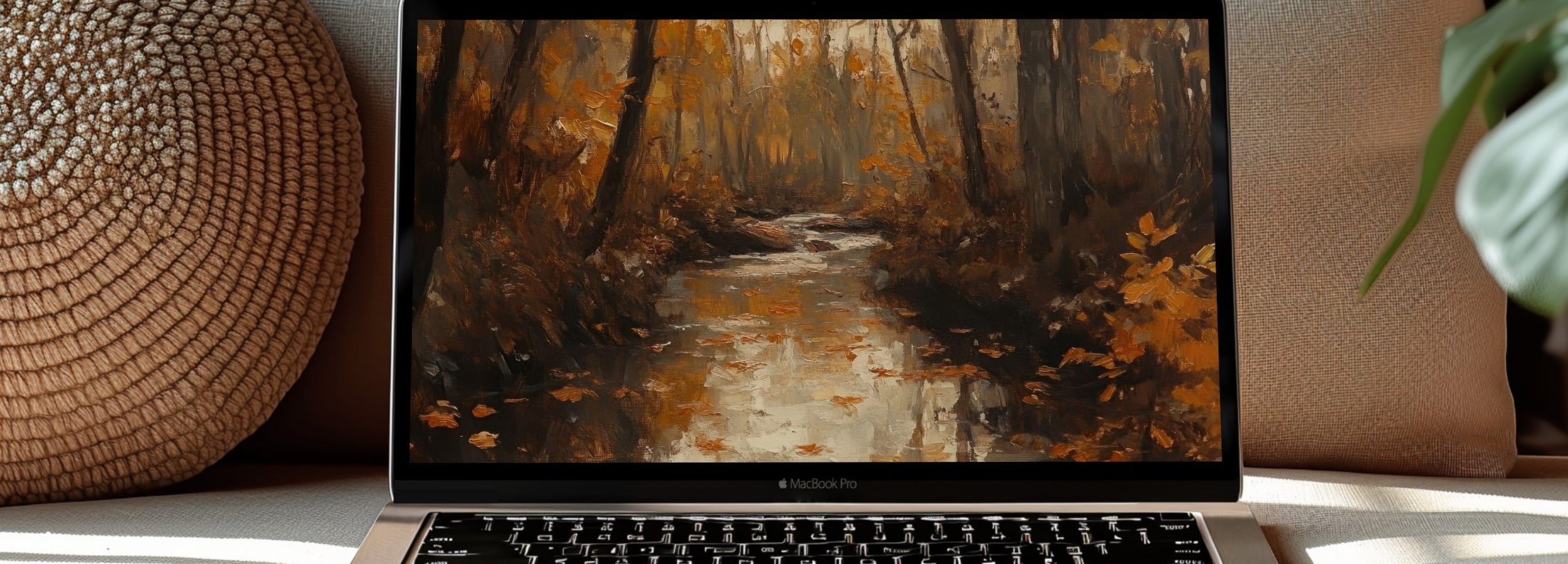 Fall computer wallpaper showing a peaceful forest stream surrounded by golden autumn leaves, creating a calm and cozy atmosphere for your digital workspace