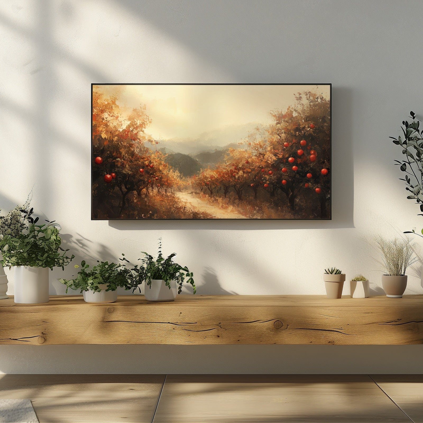 Autumn orchard landscape digital painting with warm golden light, red apples and painterly texture, cozy fall countryside art for Samsung Frame TV decor