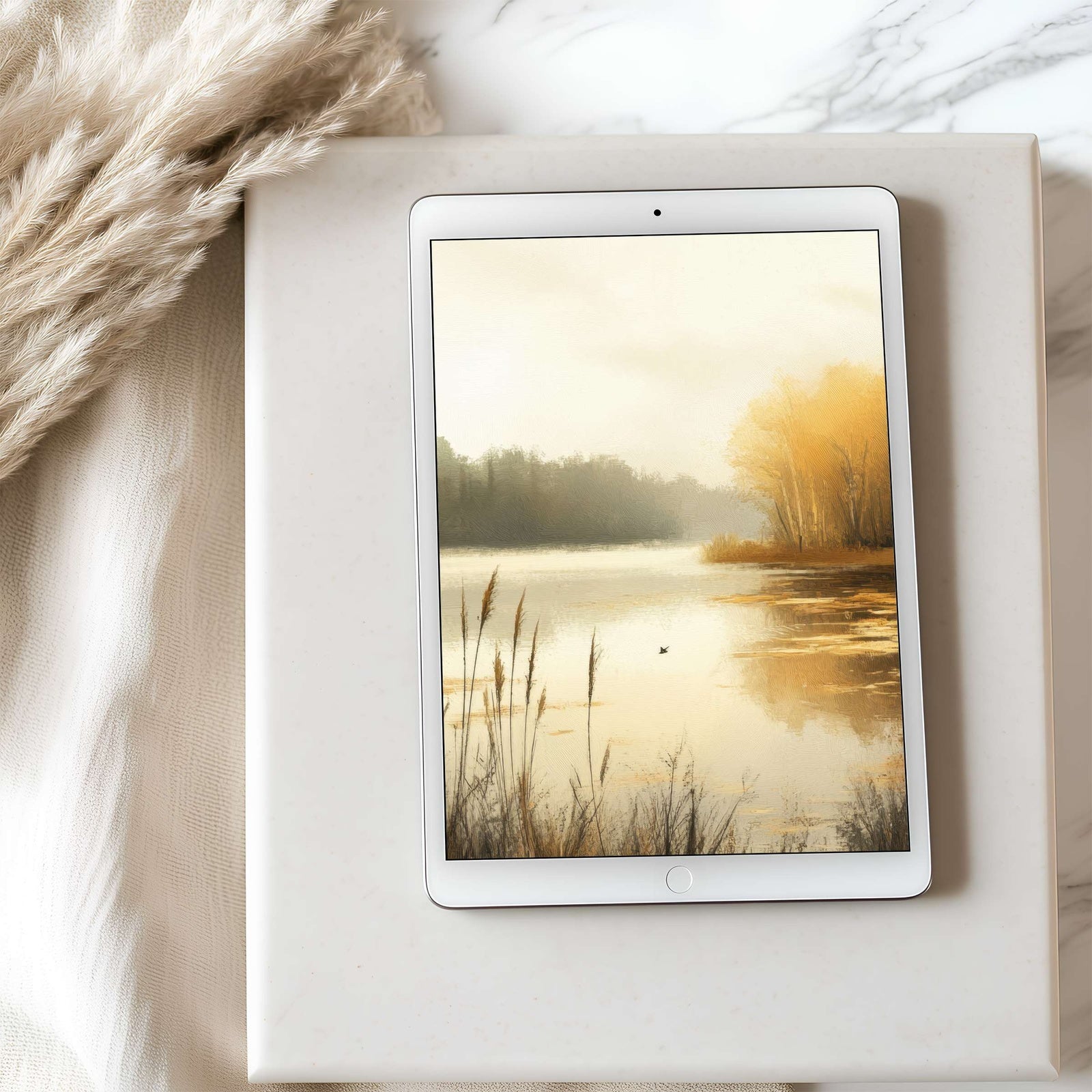 Fall iPad wallpaper with golden autumn trees reflecting on a calm lake, warm and serene tablet background that brings seasonal elegance and cozy tranquility to your digital space