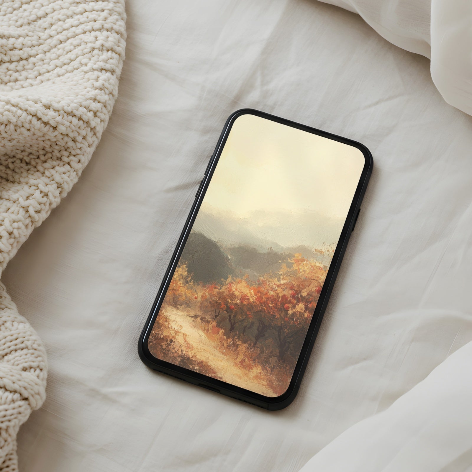 Cozy fall phone wallpaper featuring a warm autumn landscape with golden leaves and soft sunlight - perfect for design-lovers seeking elegant seasonal backgrounds