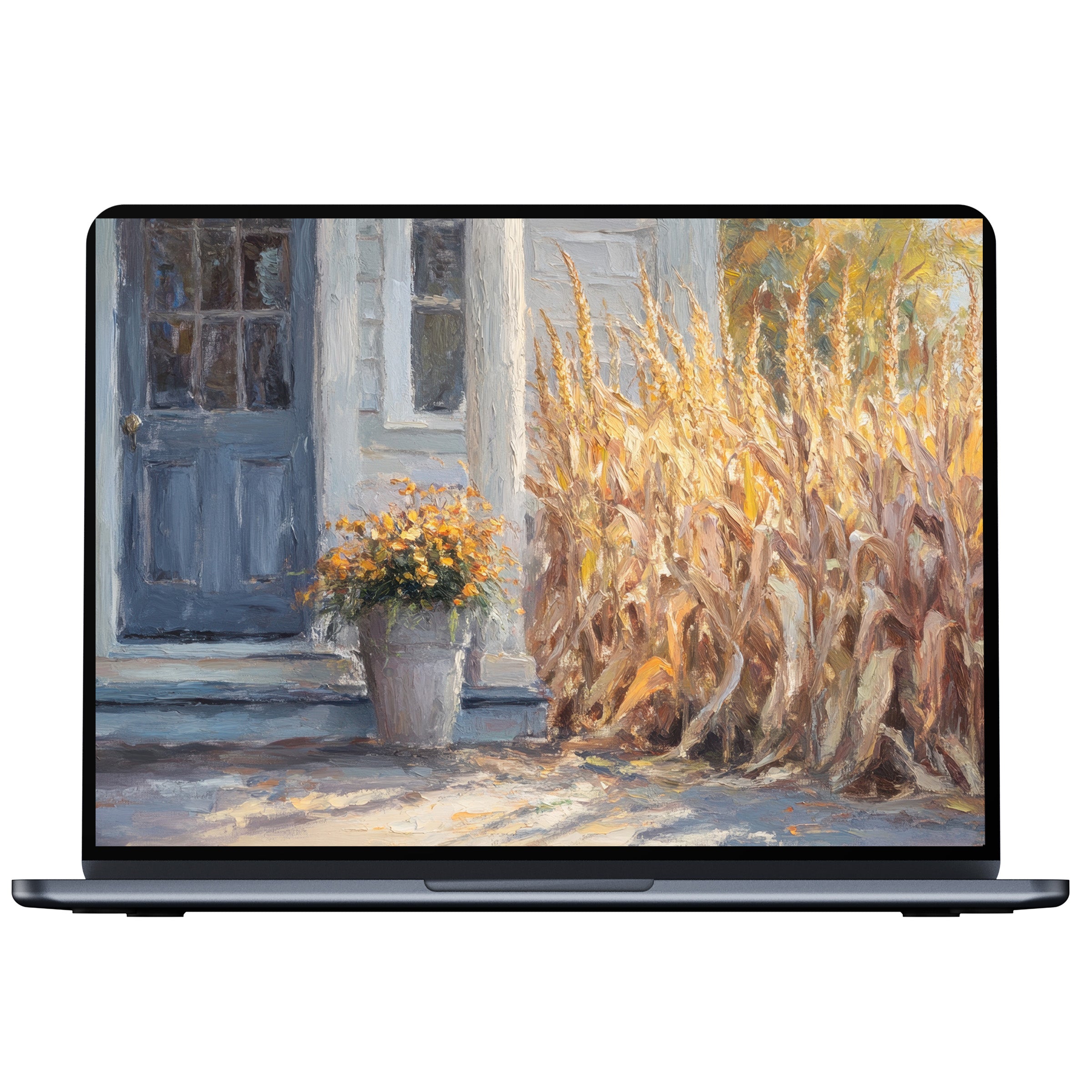 Farmhouse desktop wallpaper digital download captures a serene autumn scene with cornfield and flowers, ideal for PC and laptop use