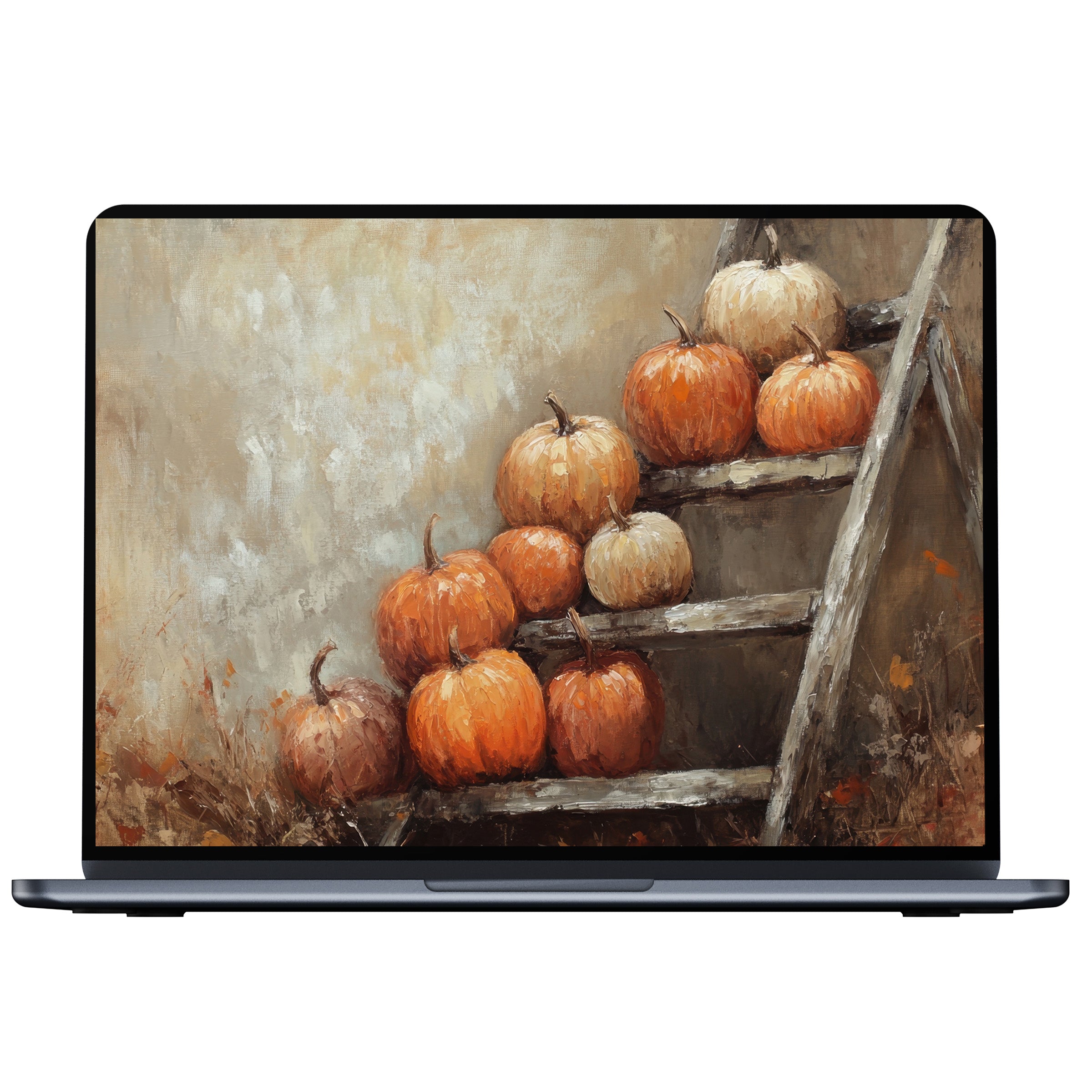 Farmhouse desktop wallpaper with rustic pumpkins on a ladder evokes calm elegance; perfect for PC, laptop, Mac digital download
