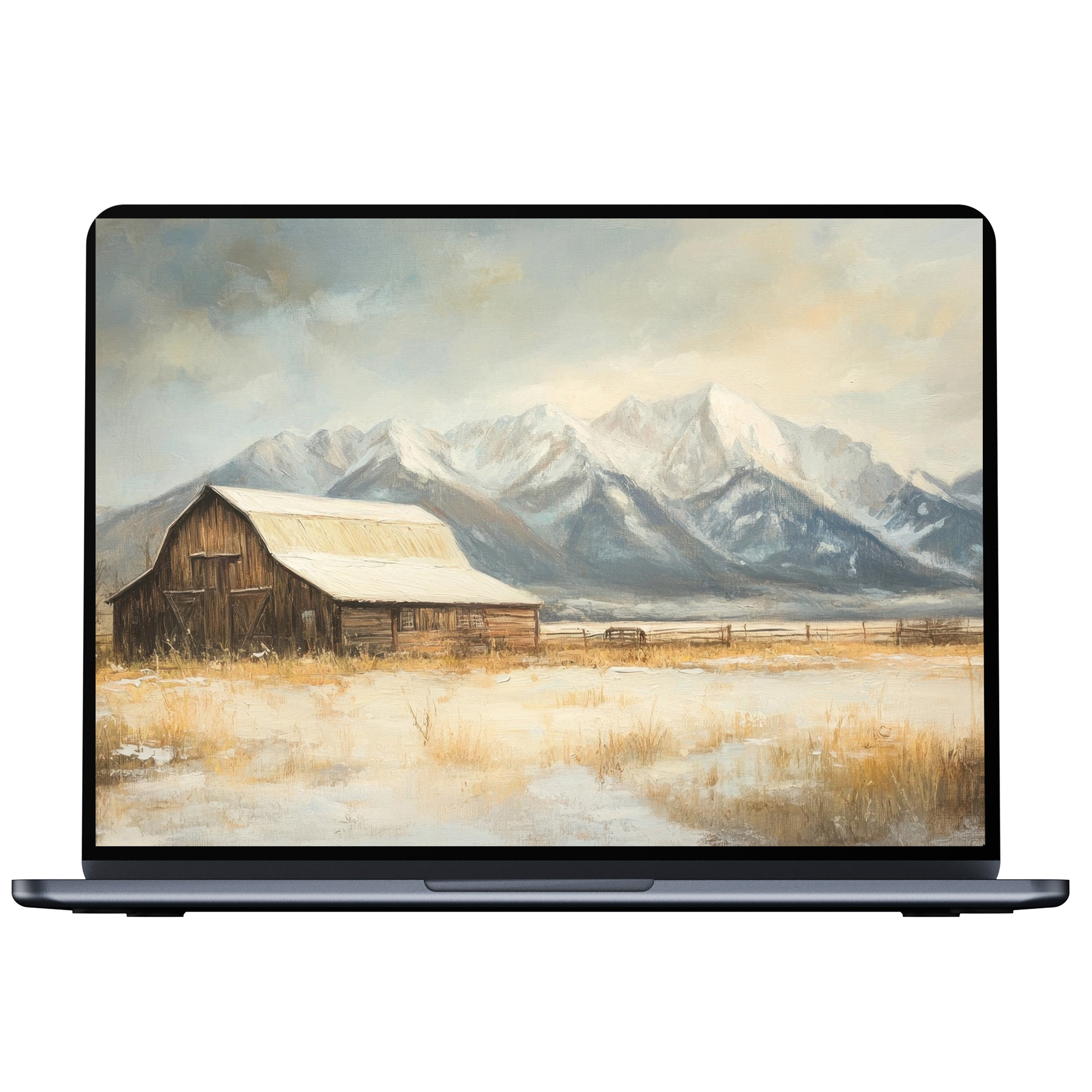 Farmhouse desktop wallpaper digital download offers serene snowy landscape and rustic barn perfect for PC and laptop calming use