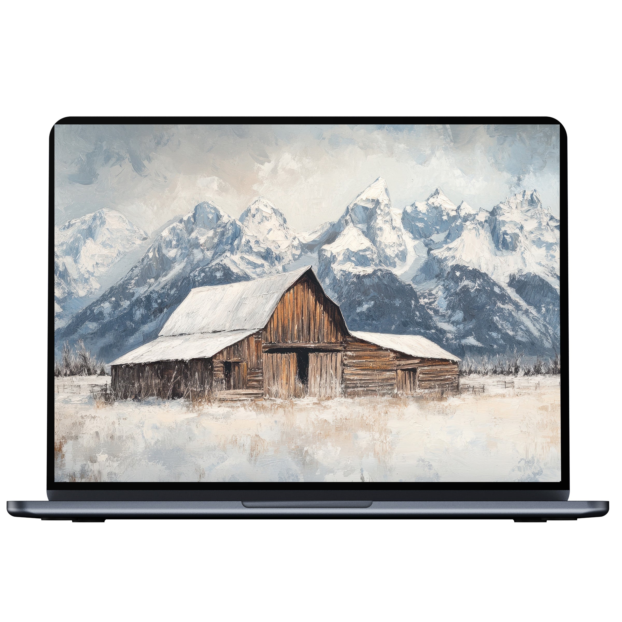 Farmhouse desktop wallpaper digital download features rustic barn amid snowy mountains offering elegance and calm for PC Mac or laptop