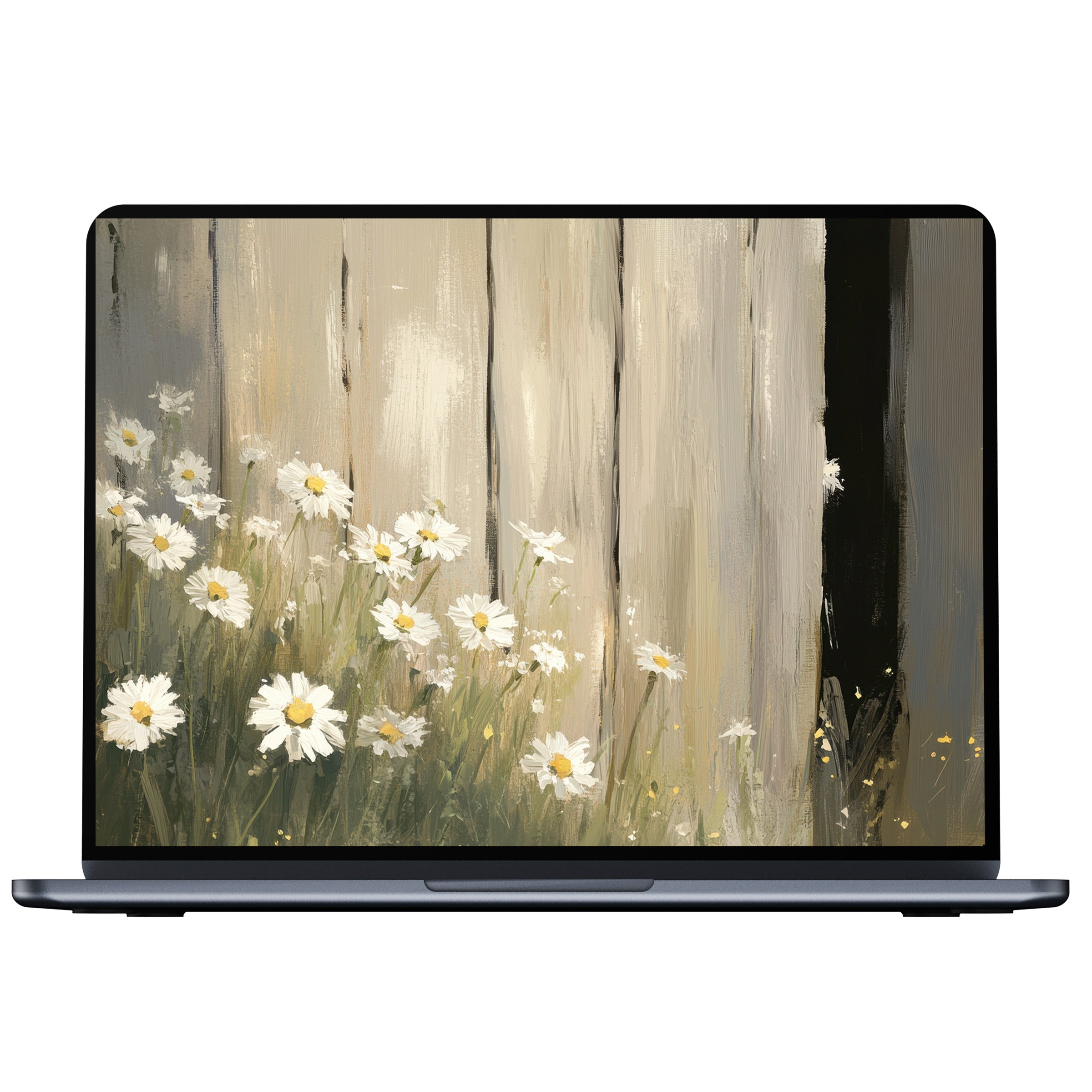 Farmhouse desktop wallpaper with daisies against rustic wood for PC and laptop digital download creates calming elegance and inspiration