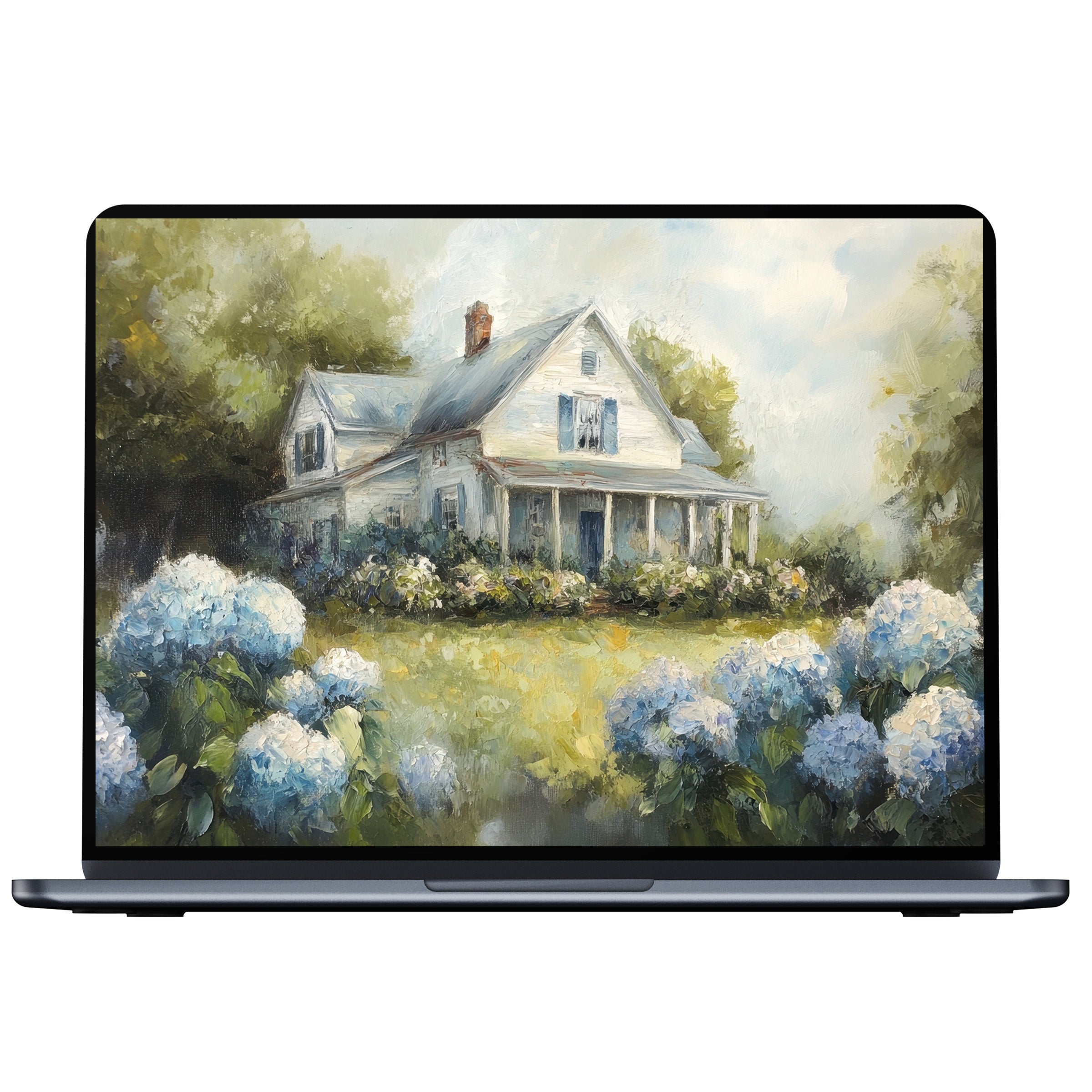 Farmhouse desktop wallpaper digital download with serene, lush garden scene for an elegant, calm PC or laptop experience