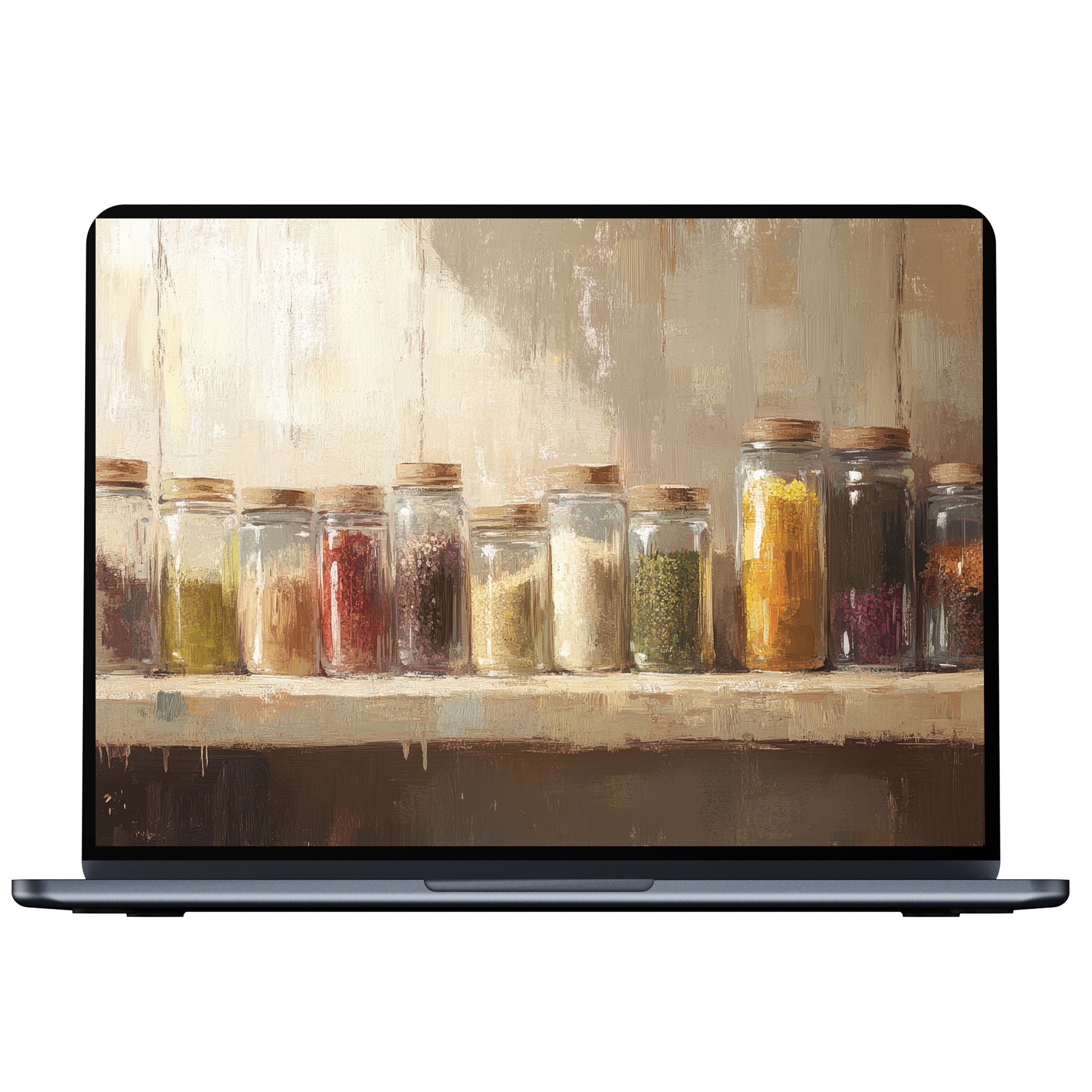 Farmhouse desktop wallpaper showcasing rustic spice jars on a wooden shelf digital download for an elegant PC and laptop screen