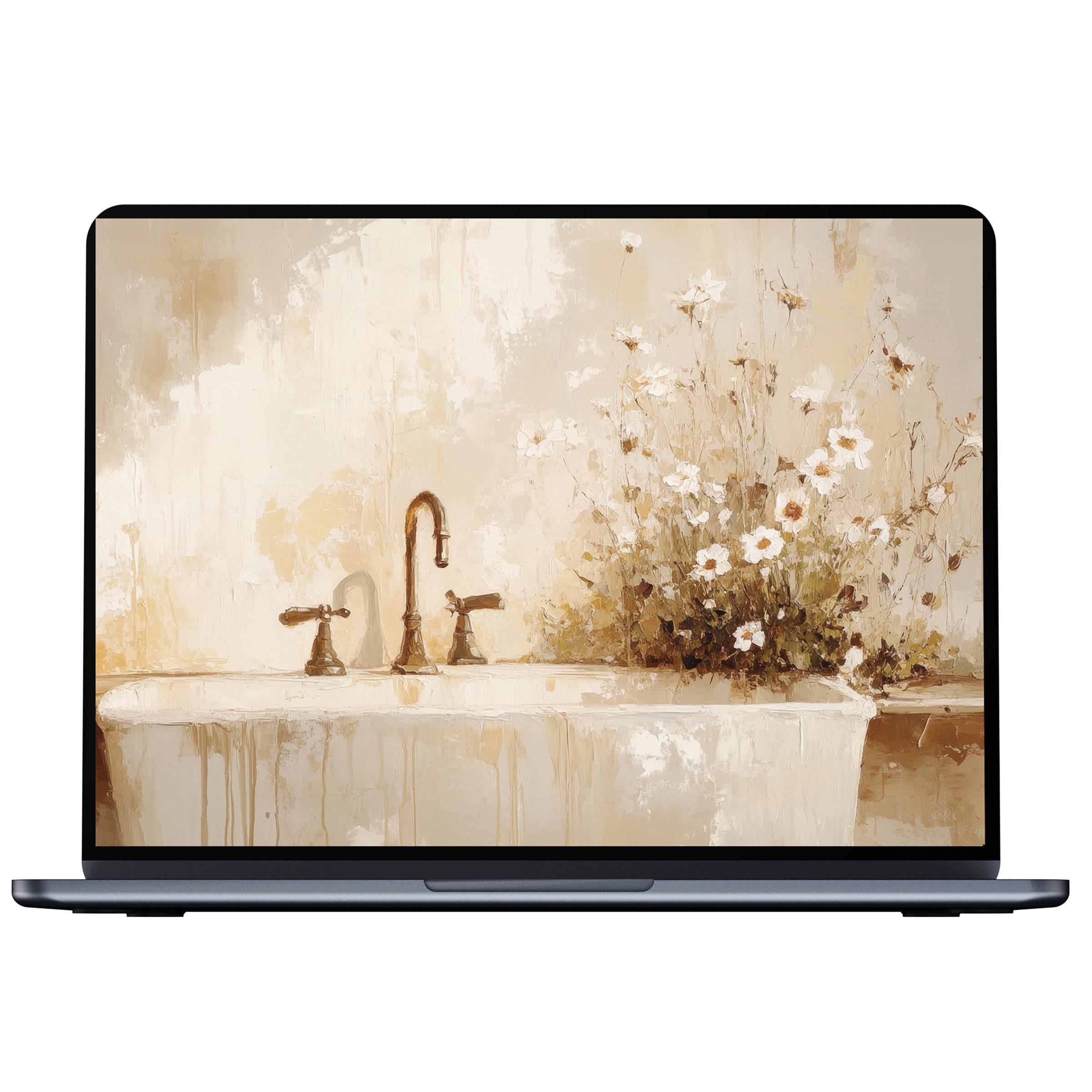 Elegant farmhouse desktop wallpaper digital download with neutral tones and soft floral textures offering a calm, inspiring ambiance for PC and laptop