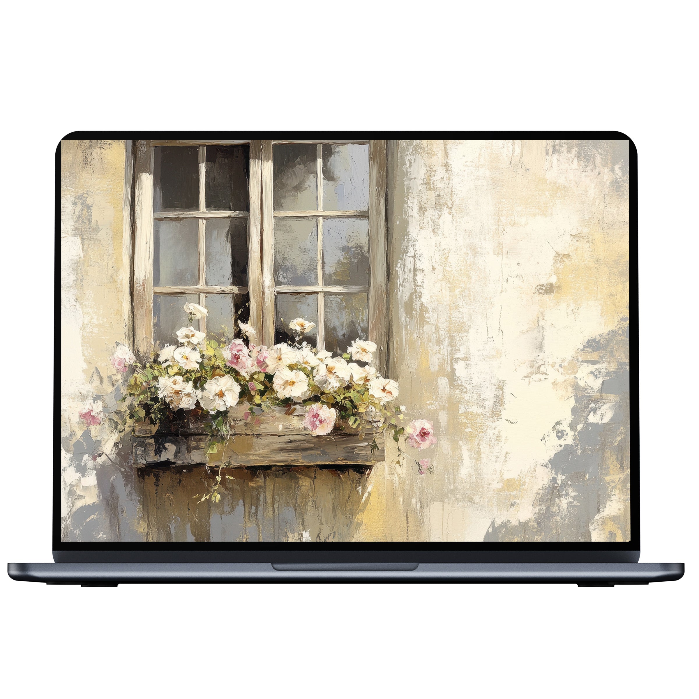 Farmhouse desktop wallpaper digital download featuring serene pastel tones and rustic window scene for PC and laptop inspiration