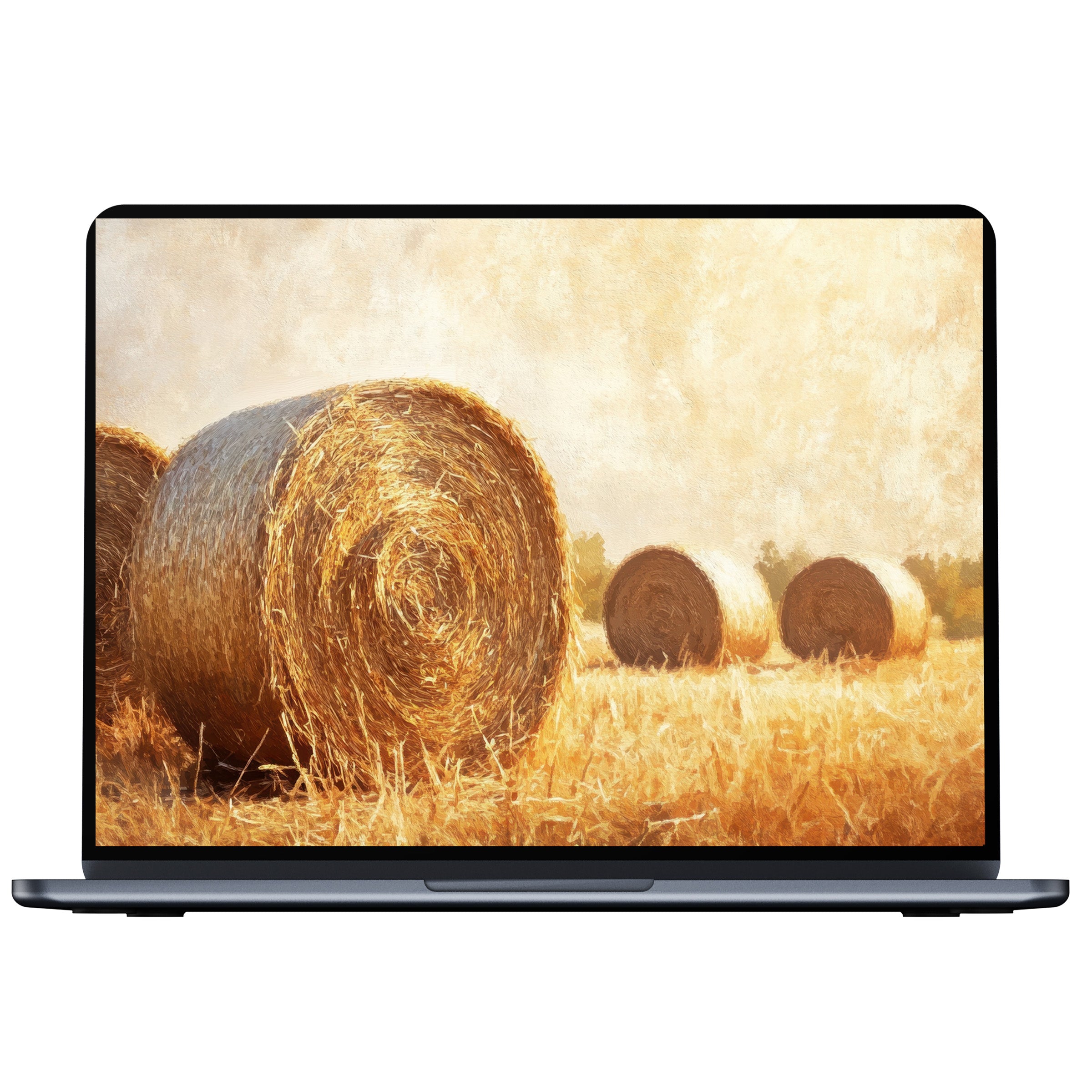 Farmhouse desktop wallpaper featuring serene hay bales in golden tones for PC and laptop; digital download offers elegance and calm