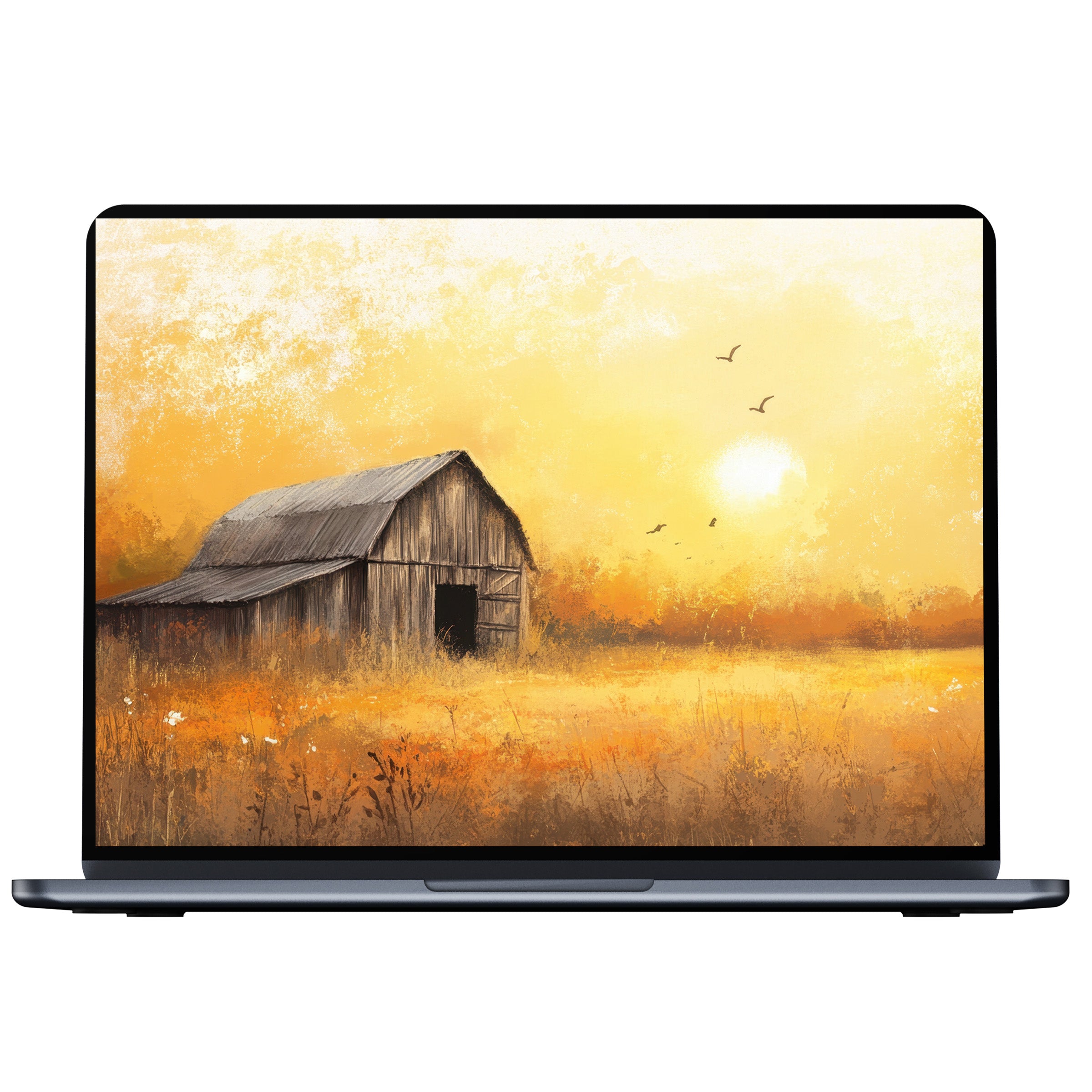 Farmhouse desktop wallpaper digital download with a serene barn in a golden field at sunset ideal for PC, laptop, Mac screens