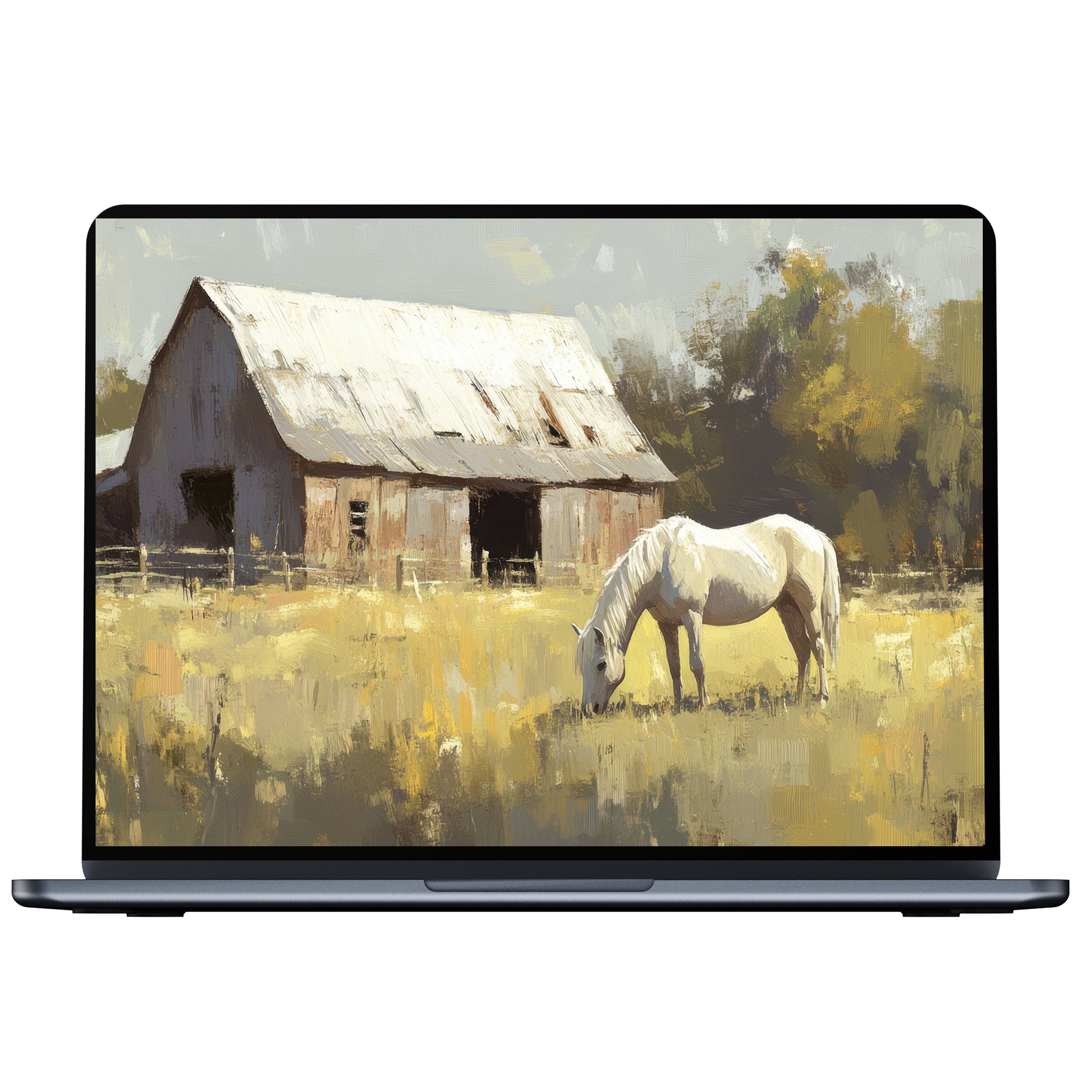Farmhouse desktop wallpaper digital download featuring serene barn and horse in golden field perfect for PC and laptop screens